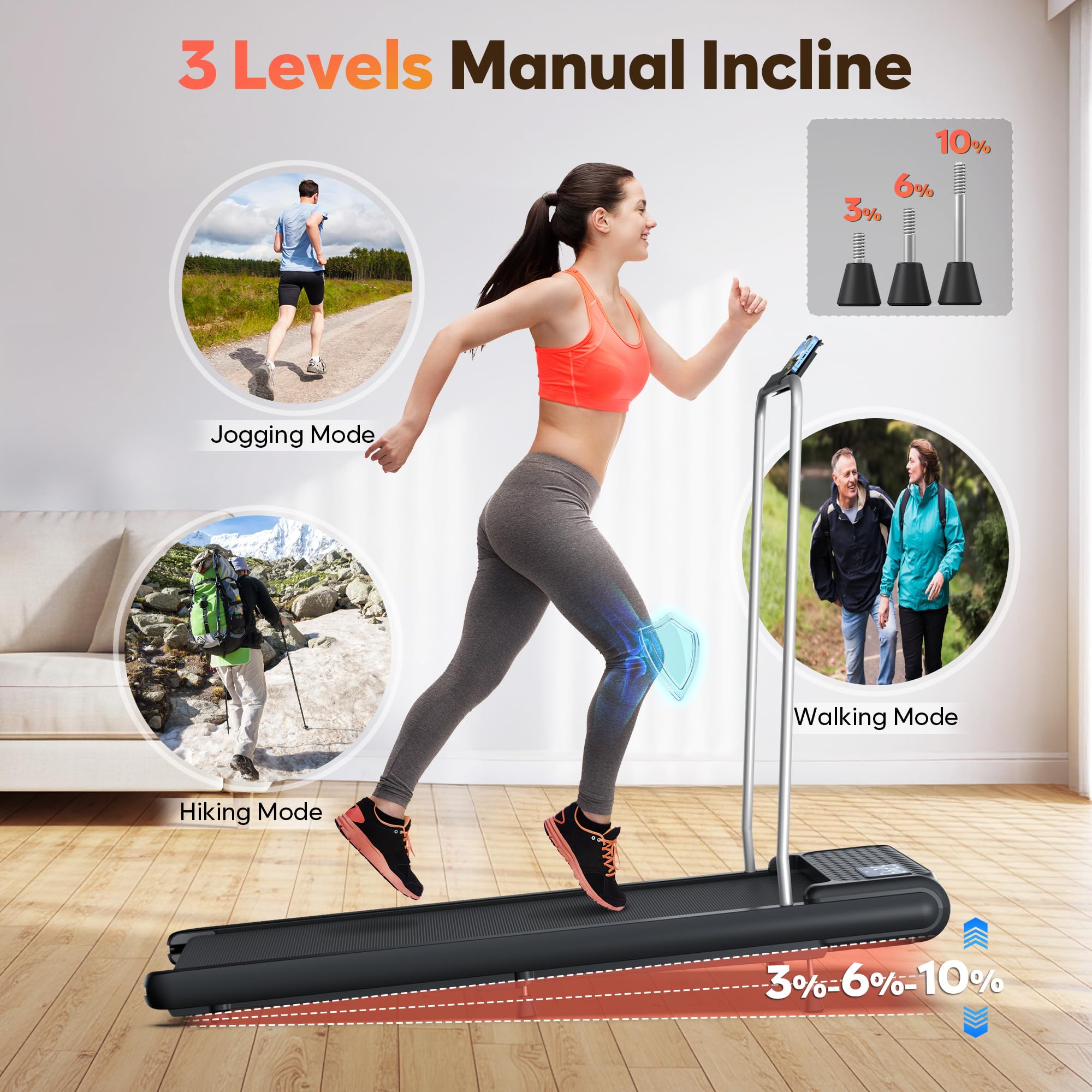 WELLFIT 10% Incline Walking Pad Treadmill with Handlebar,265LB Capacity,40 dB Low Noise Standing Under Desk Walking Jogging Running Machine for Home Office Apartment,APP/Remote Control,LED Display