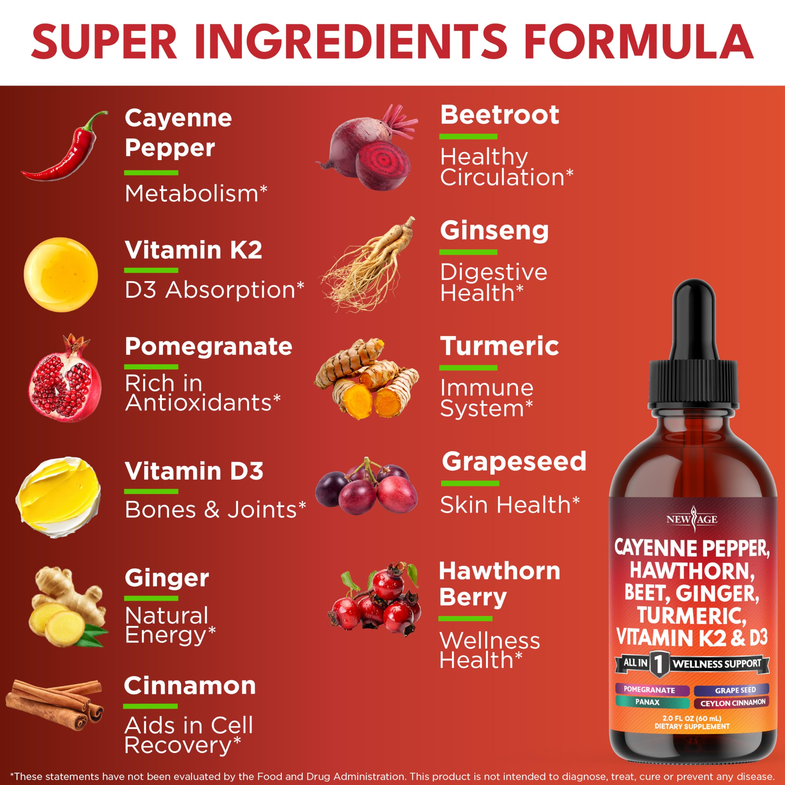 Cayenne Pepper Supplement Liquid Drops + Hawthorn Berry, Vitamin D3 K2 Beet Root Powder, Ceylon Cinnamon, Turmeric Curcumin, Organic Panax Ginseng - 4oz