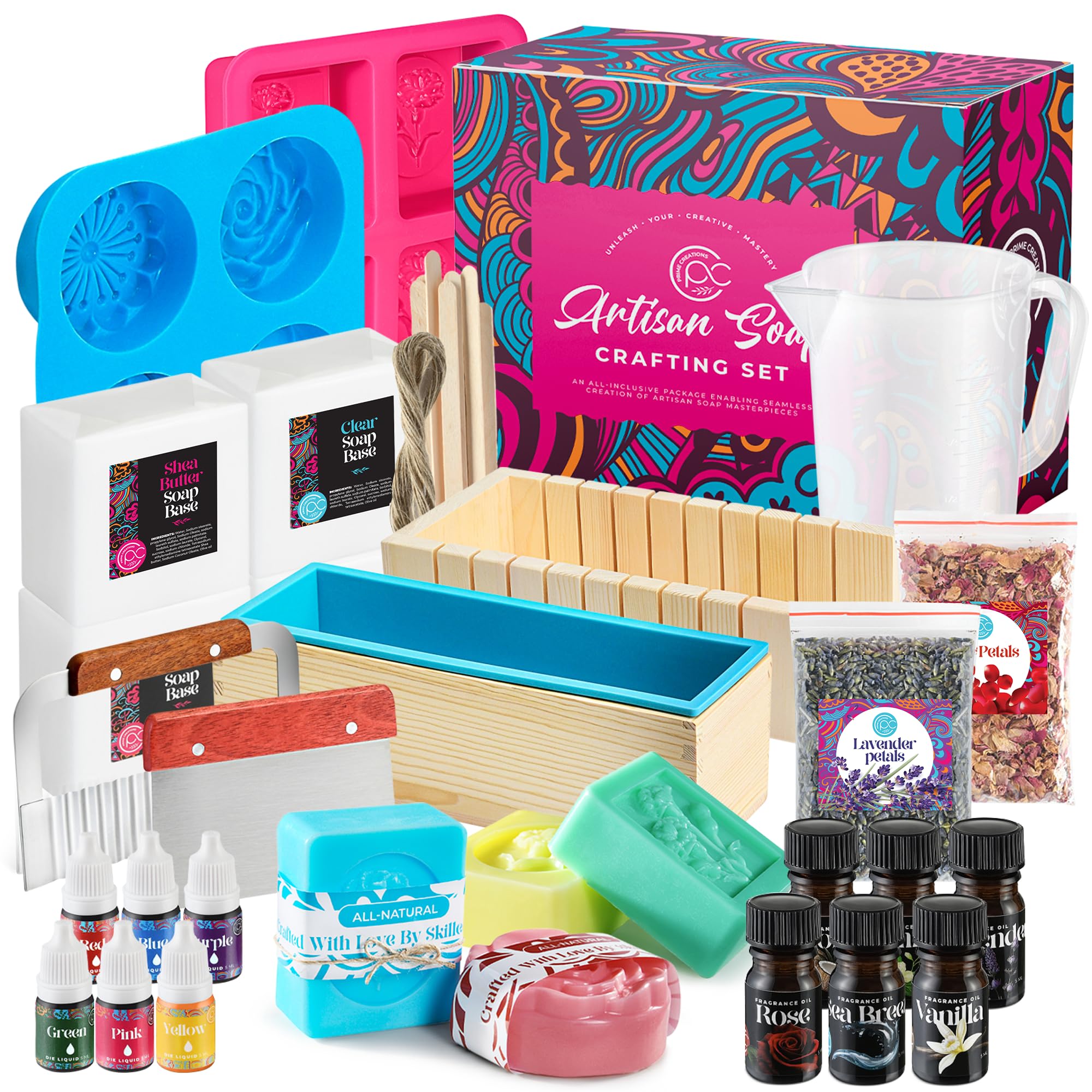 Soap Making Kit with Melt & Pour Base, Cutting Box, Molds, Fragrances - For Adults & Kids by Prime Creations