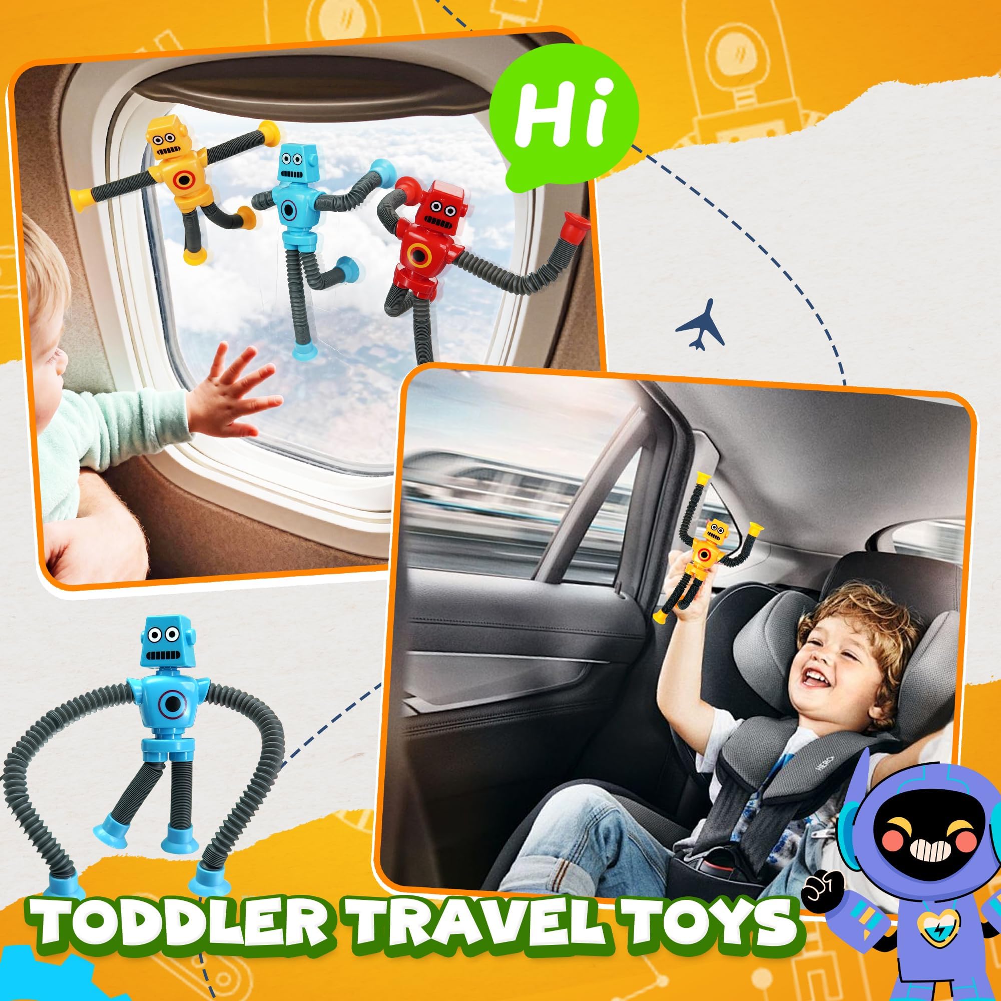 Easter Basket Stuffer Gift for Toddlers Boy Kid Year Old Age 3 4 5 6 7 8, Robot Sensory Travel Toy 4Pcs Airplane Autism Pop Tube Suction Fidget Toy Autistic Christmas Stocking Stuffers Valentines Day