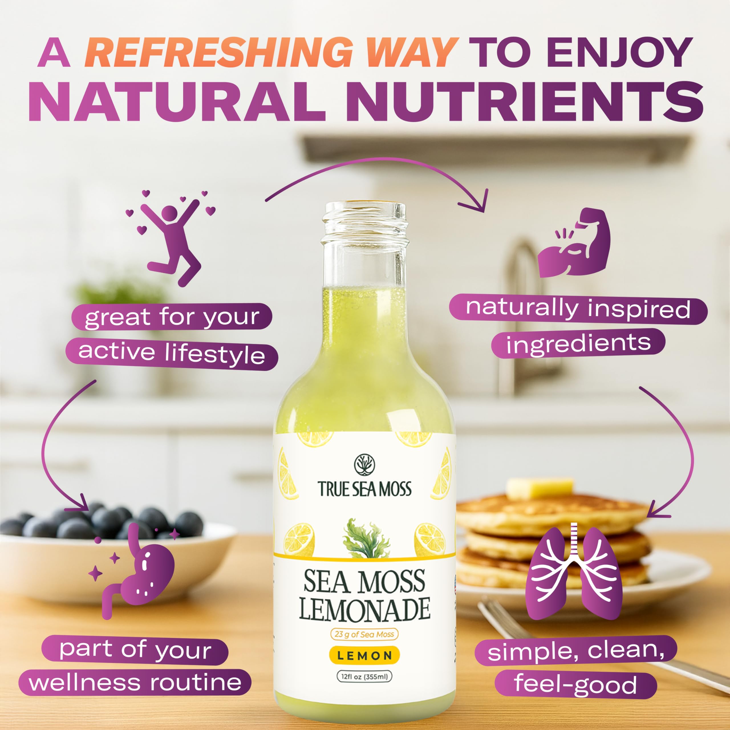 TrueSeaMoss Sea Moss Lemonade Variety Pack – 4 Flavors Sampler: Lemon, Mango, Berry, Pina Colada – Vegan Hydration Drink – 4 x 12 fl oz Bottles – Made in USA
