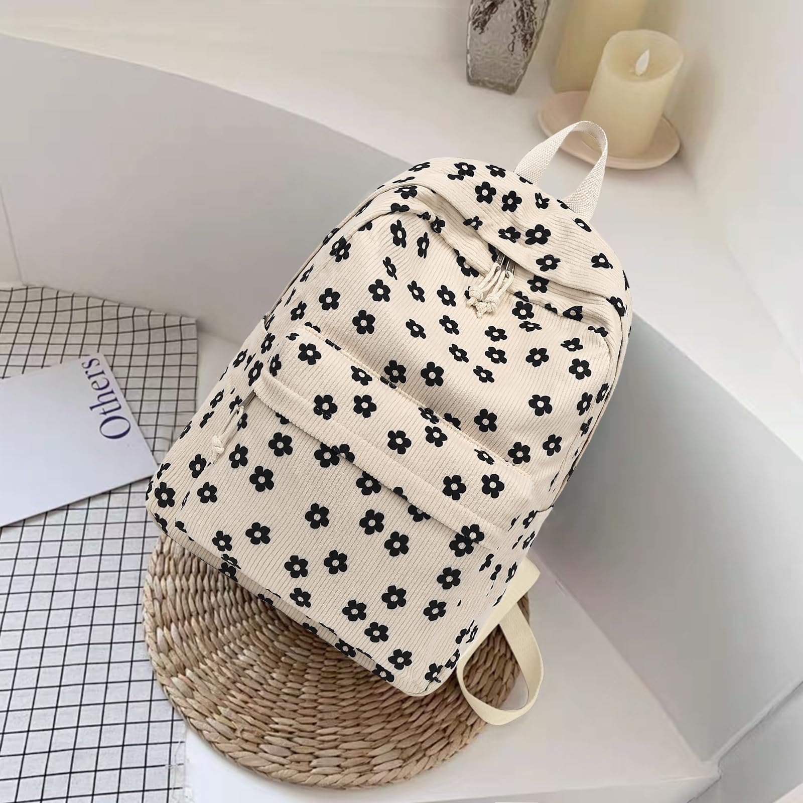 Bluboon School Backpack for Teen Girls Bookbags Elementary High School Corduroy Laptop Bags Women Travel Daypacks(Beige Corduroy Floral