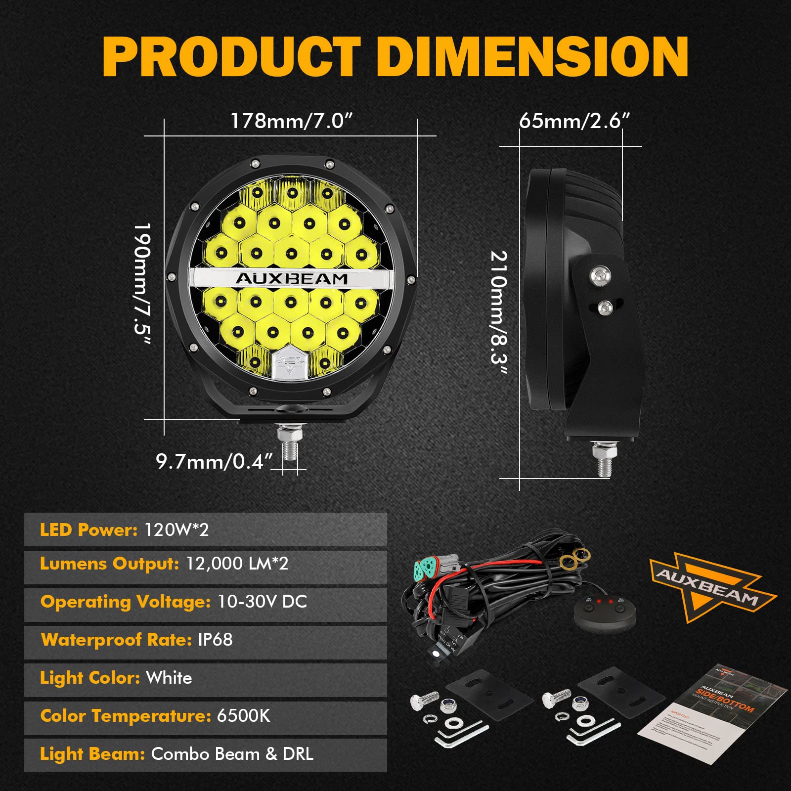 Auxbeam Round LED Offroad Lights, 7 Inch 240W Spot Driving Light Pods with DRL 24000LM Super Bright Off Road Ditch Work Light Bar with DT Wiring Harness for Wrangler Ford Chevy Truck SUV