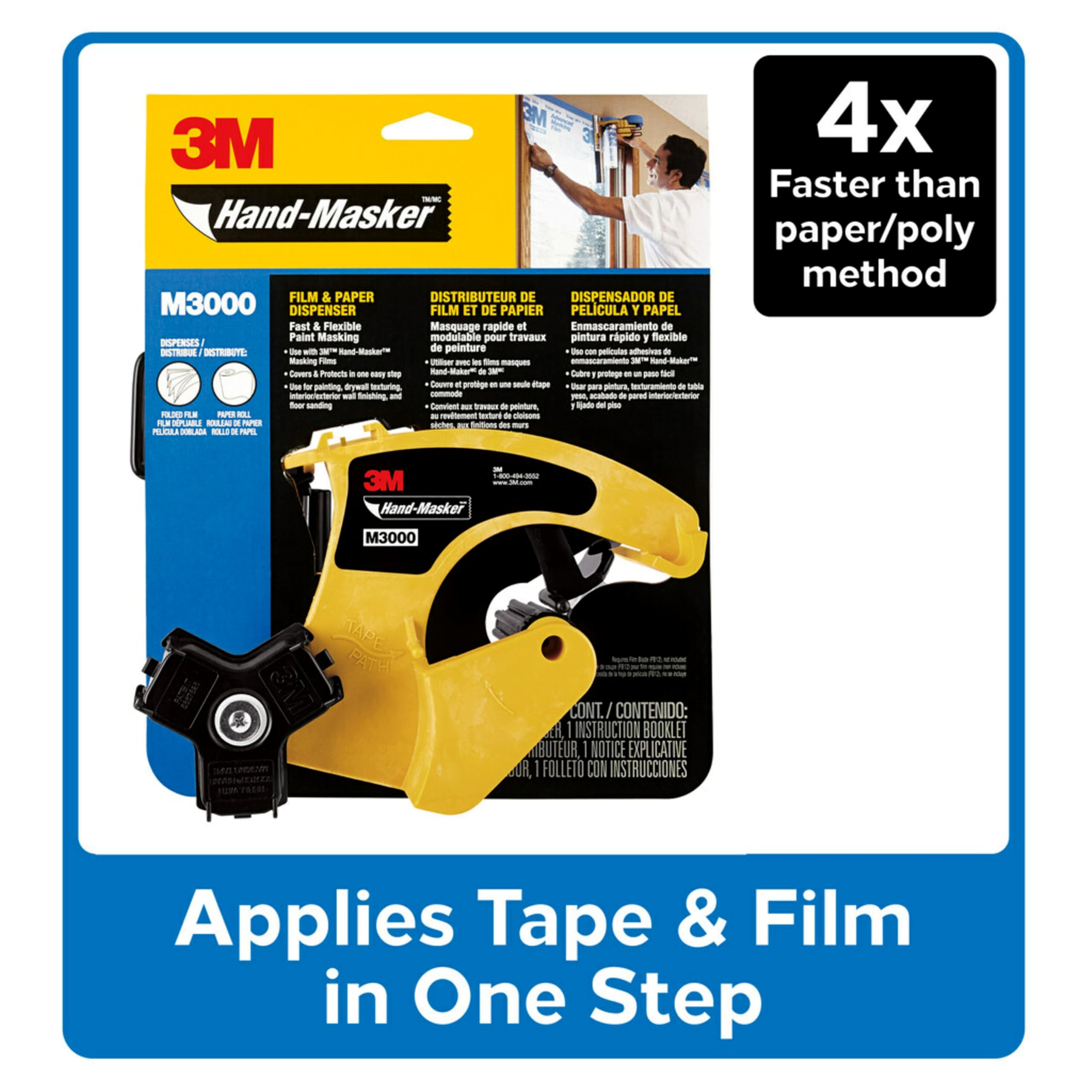 3M Hand Masker M3000 Tape Dispenser, Film & Tape, Applies Painter's Tape to Masking Film or Paper in One Continuous Application, Compact & Lightweight Design, Saves Time When Preparing For Painting