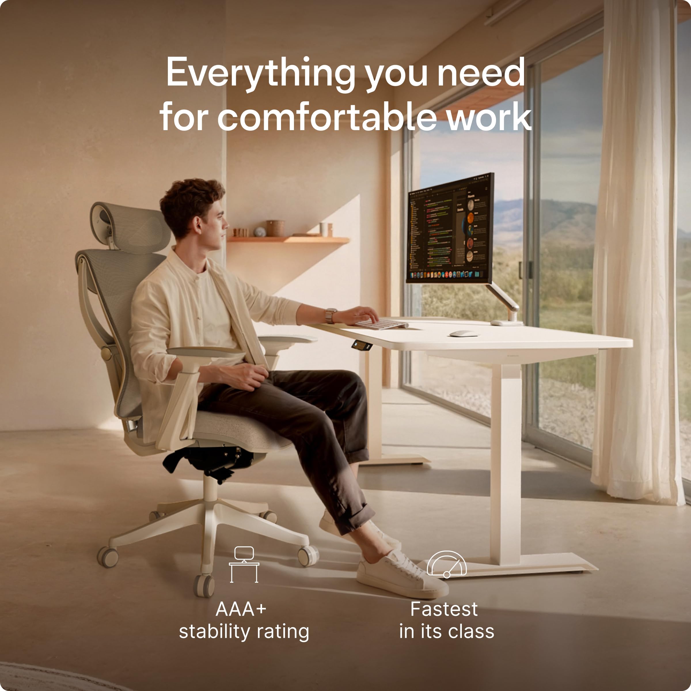 Desktronic HomeOne Standing Desk 48x24 — Ergonomic Sit Stand Home Office Desk, Made in Europe, Electric Dual Motor Height Adjustable, USB & USB-C Charging, Wobble-Free, Touchscreen, 3 Memory Presets