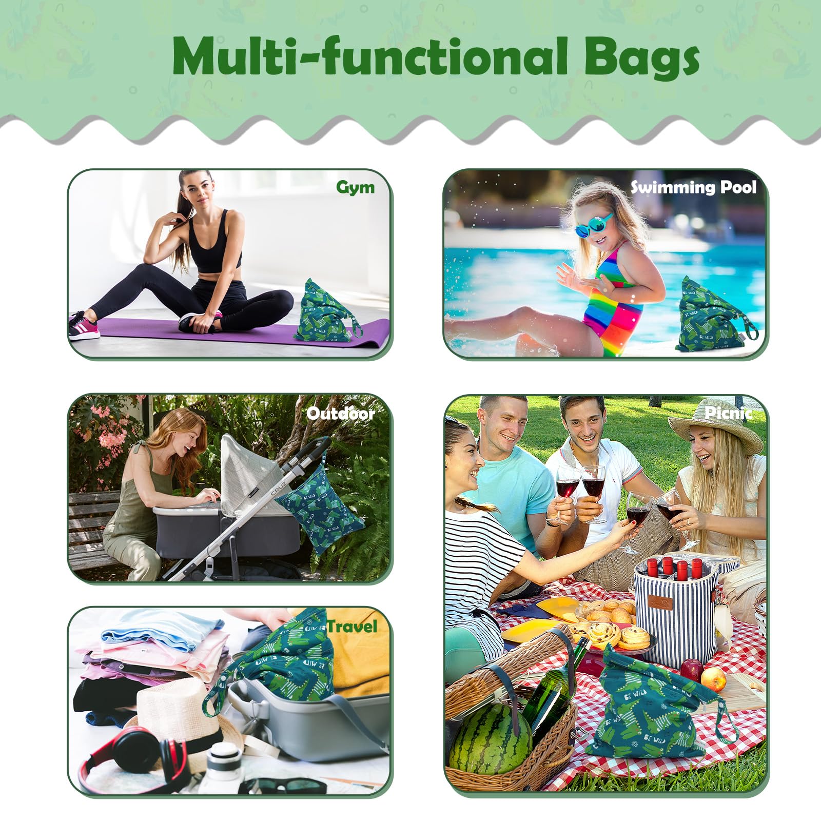 ALVA ALVABABY 3pcs Cloth Diaper Wet Dry Bags Waterproof Reusable with Two Zippered Pockets Travel Beach Pool Daycare Soiled Baby Items Yoga Gym Bag for Swimsuits or Wet Clothes 3L-ZM16A