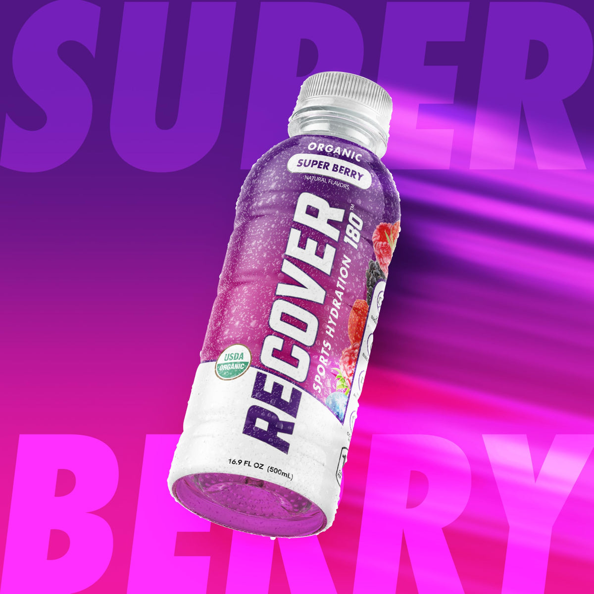 RECOVER 180 Organic Sports Hydration Drink, No Sugar Added, 15 Calorie Sports Beverage, Organic Flavors With Vitamins, Potassium-Packed Electrolytes (16.9 Fl Oz (Pack of 12), Super Berry)