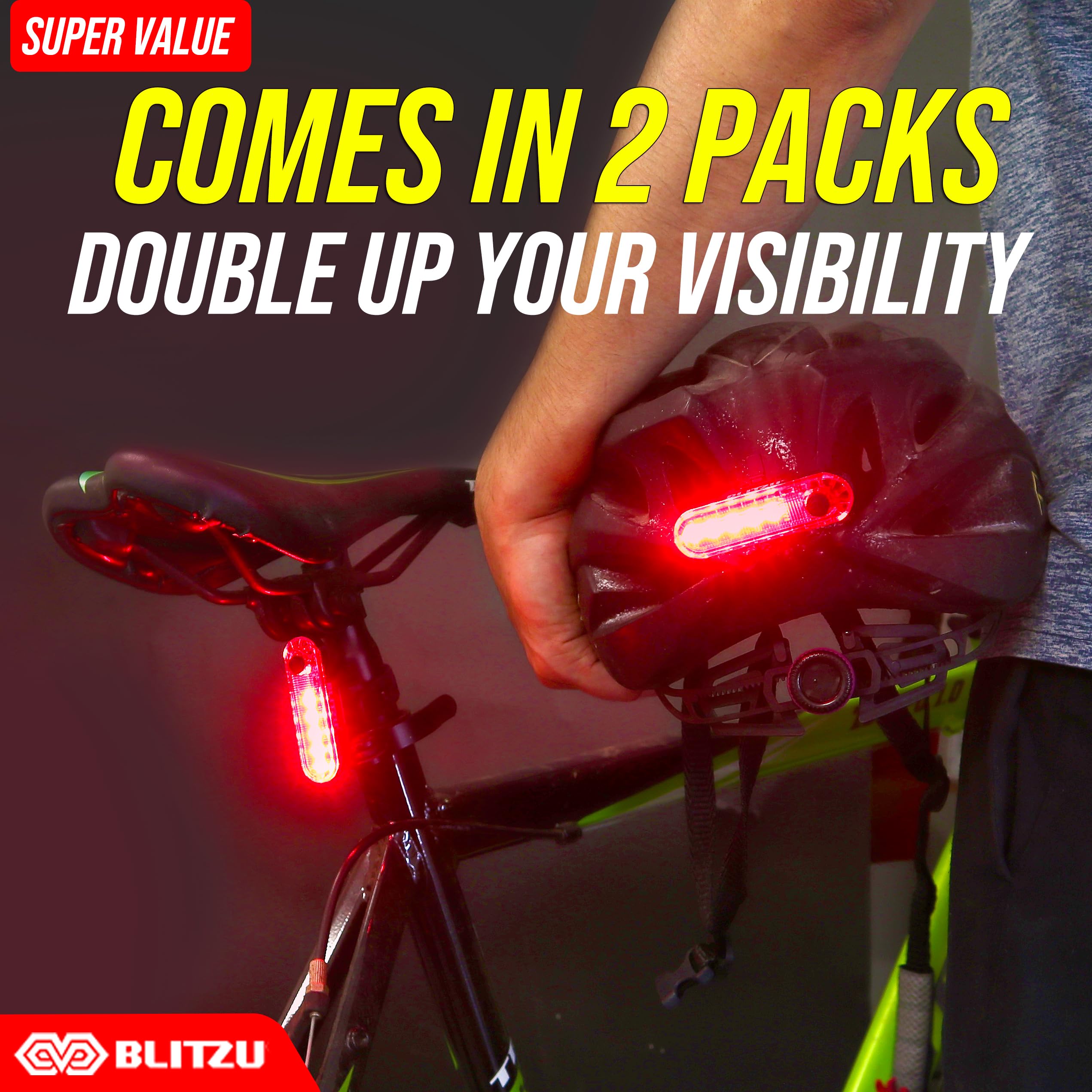 BLITZU USB-C Rechargeable Bike Tail Light 2 Pack, Bright Bicycle Rear Cycling Safety Flashlight Accessories for Night Riding, Cyborg 120T, 4 Light Modes for Adults Kids Men Women Road Mountain