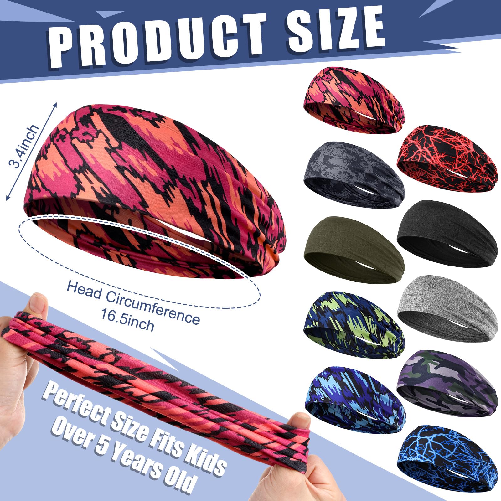 Sratte 10 PCS Sweatbands for Kids Soccer Headbands Boys Sports Kids Sweatbands Breathable Sweat Wicking Headband for Youth Basketball, Football, Baseball, Running