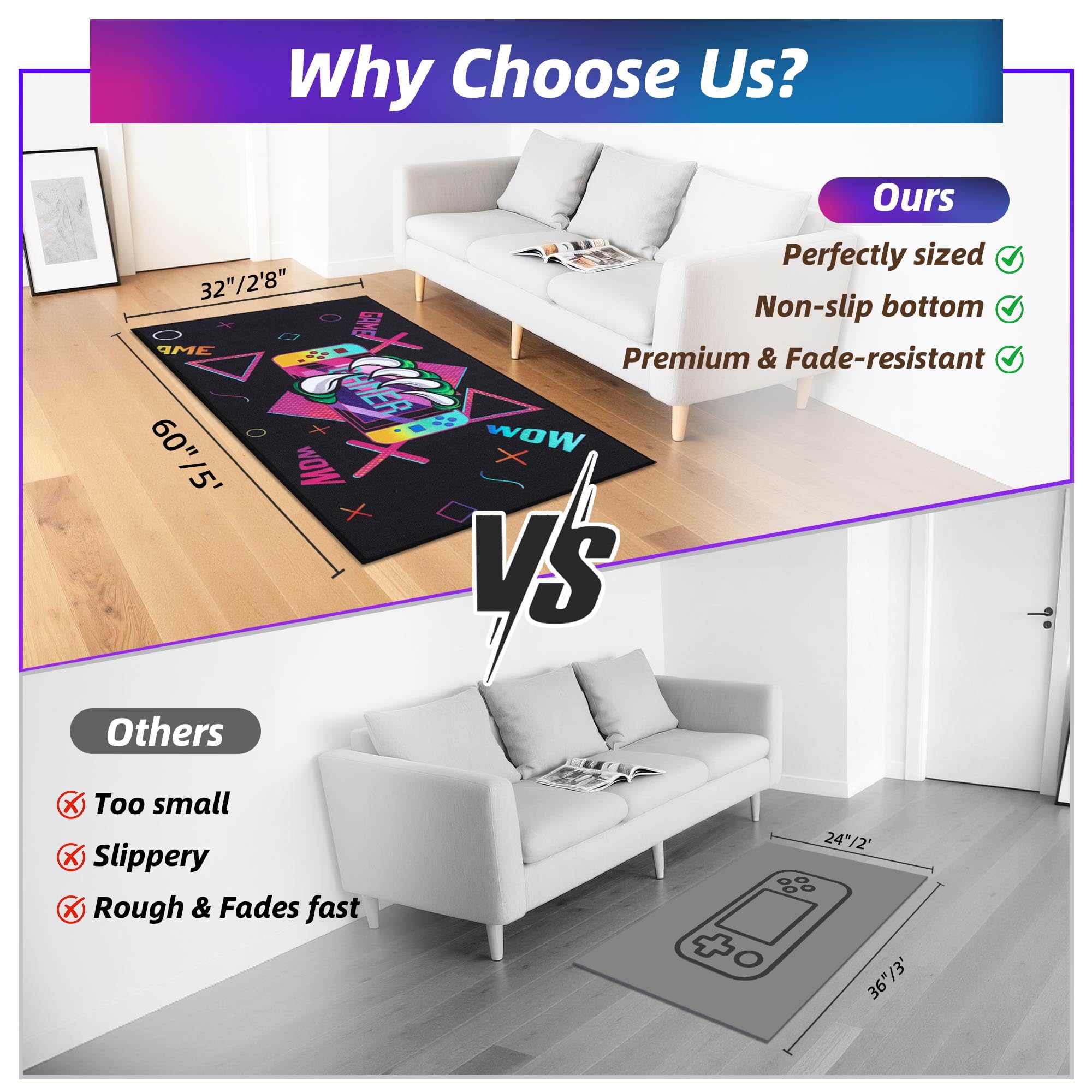 JSEI Gaming Rug for Kids Teens 32"x60" Machine Washable, Video Game Kids Rug with Paw and Controller Pattern, Non-Slip Gaming Floor Carpet Mat for Playroom, Living Room&Bedroom, Black