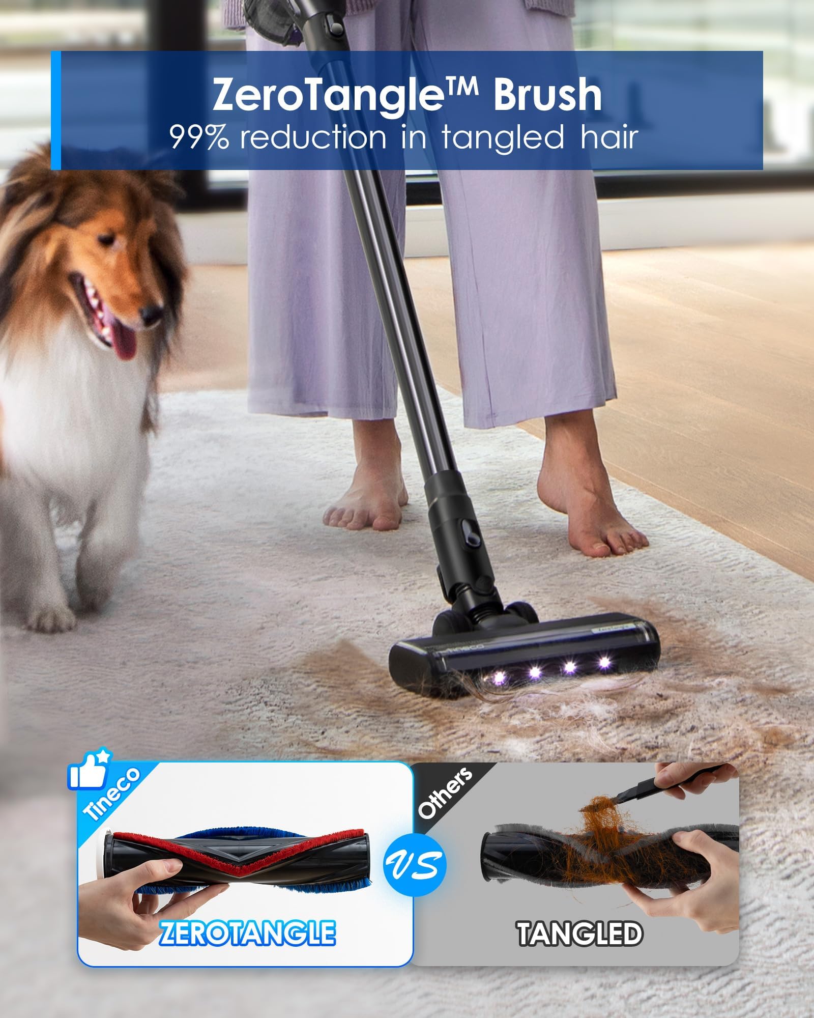 Tineco Pure ONE Station FurFree Cordless Vacuum Cleaner with 3L Auto Dust Base, Smart Stick Vacuum Cleaner Powerful Suction & Lightweight, ZeroTangle Brush for Hard Floor, Carpet & Pet Hair, Blue
