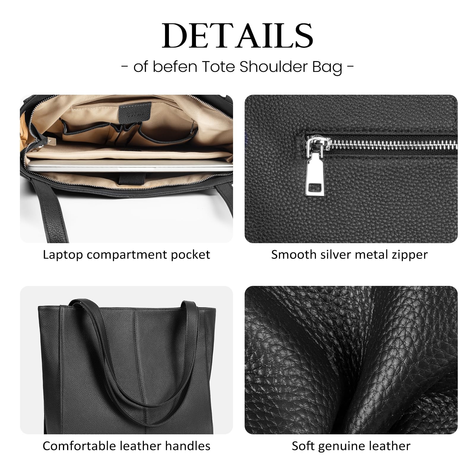 befen Black Genuine Leather Tote Bag for Women Work, Women's Leather Shoulder Bags Purses Satchel Handbags with Top Handles Work Purse