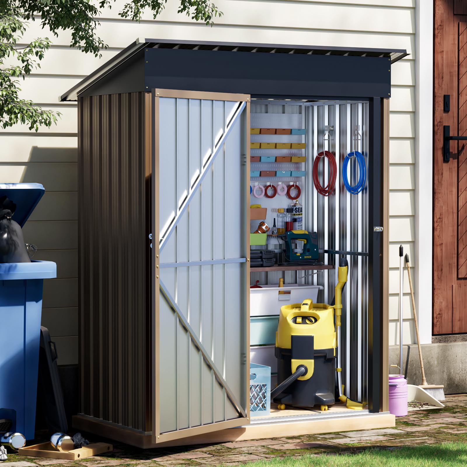 Grovellis 3x5 FT Outdoor Metal Storage Shed with Floor Frame, Single Door, 1 Clear Window, Tool Shed for Garden, Patio, Backyard Brown