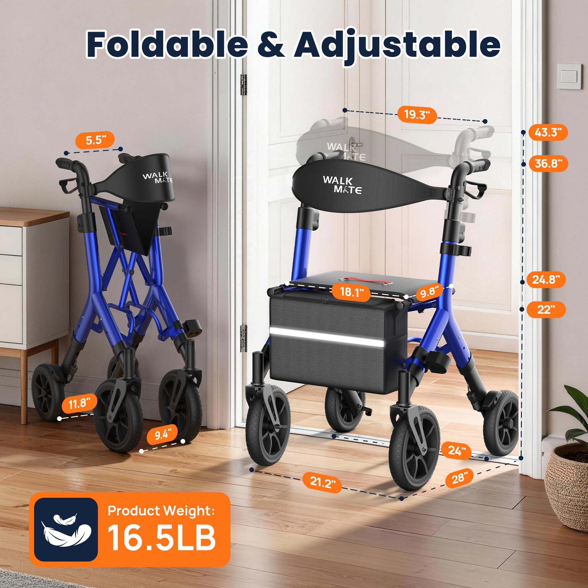 WALK MATE Rollator Walker for Seniors 5.3~7ft Tall, Height-Adjustable Seat, Built-in Cable, 10 Inch Wheels, 16.5 lb Lightweight & Compact Folding Design, 300 lb Capacity, Blue