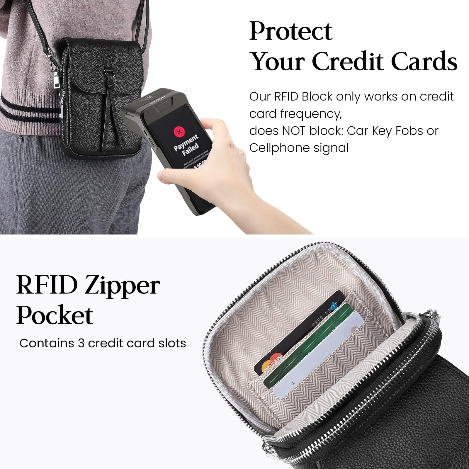 befen Black Genuine Leather Crossbody Purses for Women, Cell Phone Bags with RFID Pocket Small Women's Crossbody Handbags, Light Weight Shoulder Purses for Women