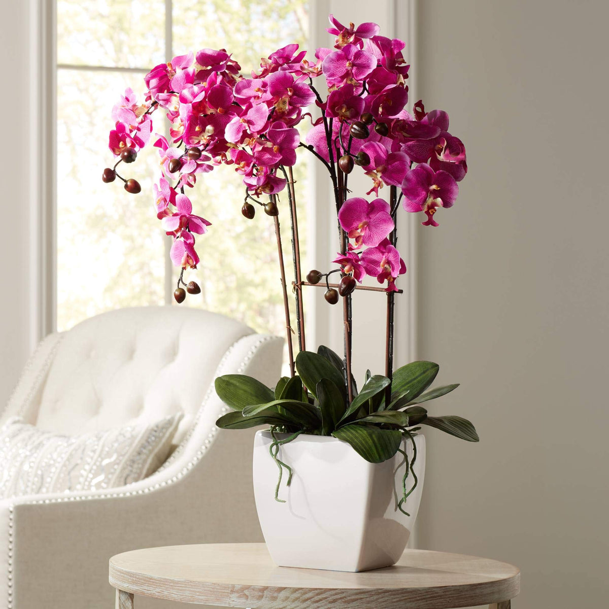 Dahlia Studios Potted Silk Faux Artificial Flowers Arrangements Realistic Purple Fuchsia Orchid in White Ceramic Pot for Home Decoration Living Room Office Bedroom Bathroom Kitchen 29" High