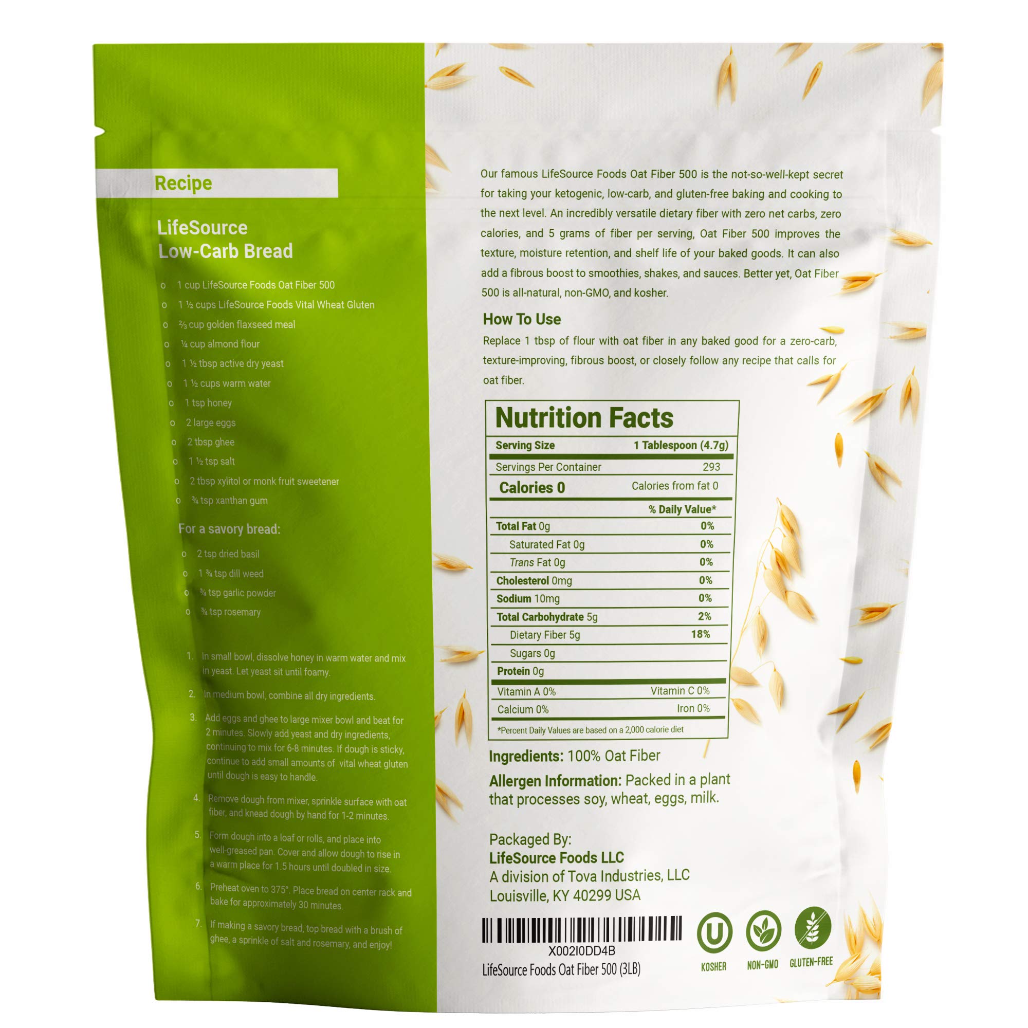 LifeSource Foods Oat Fiber 500 (3 LB) All-Natural, Gluten-Free, Zero-Carb Fiber Source for Low-Carb Baking