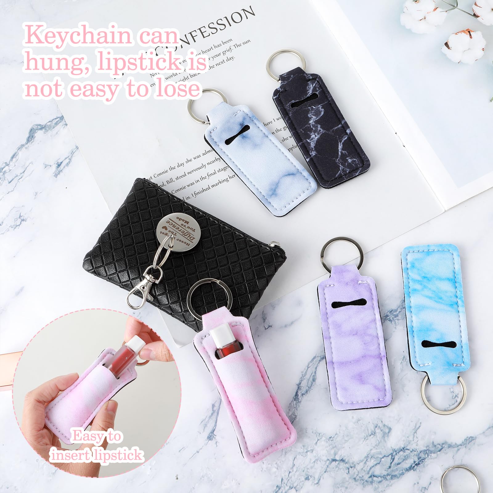 DIVINA VITAE 5 Pcs Chapstick Holder Keychain with 5 Pcs Metal Clip Cords,Neoprene Lip Balm Holder Keychain Cute Chapstick Keychain for Chapstick Tracker and Safeguard(5 Styles)