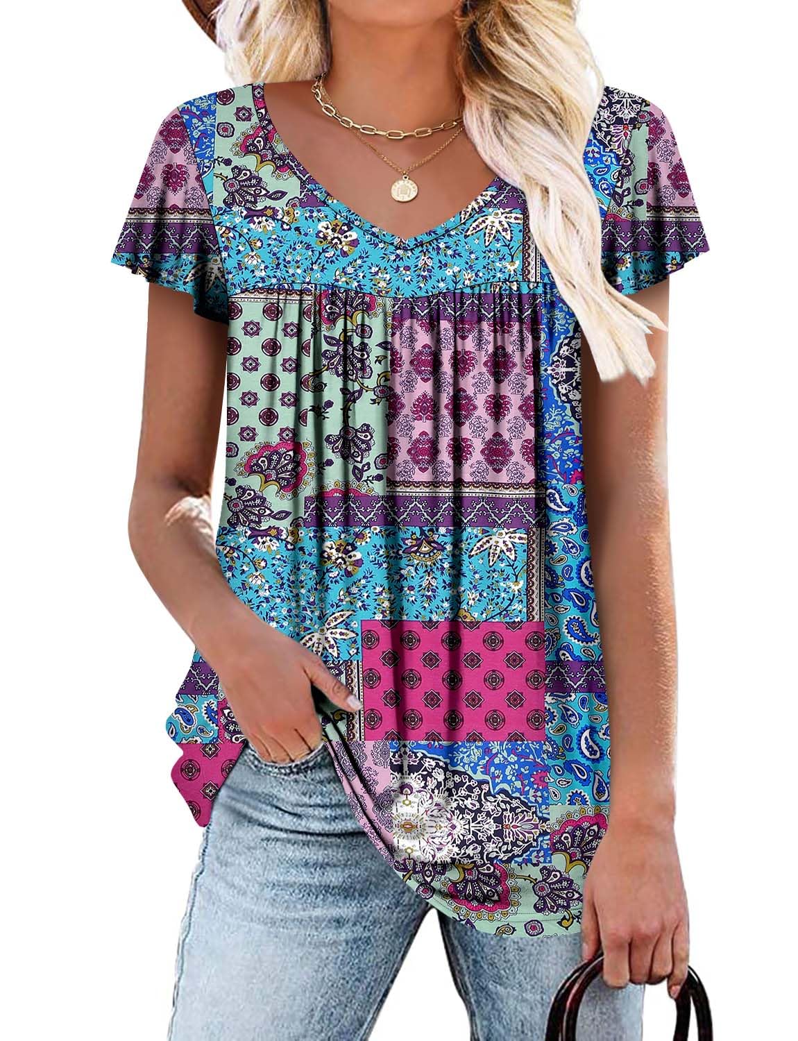 Womens Ruffle Short Sleeve Tunic Tops V Neck Loose Fit Flowy Blue Blocks Summer Tops XXL