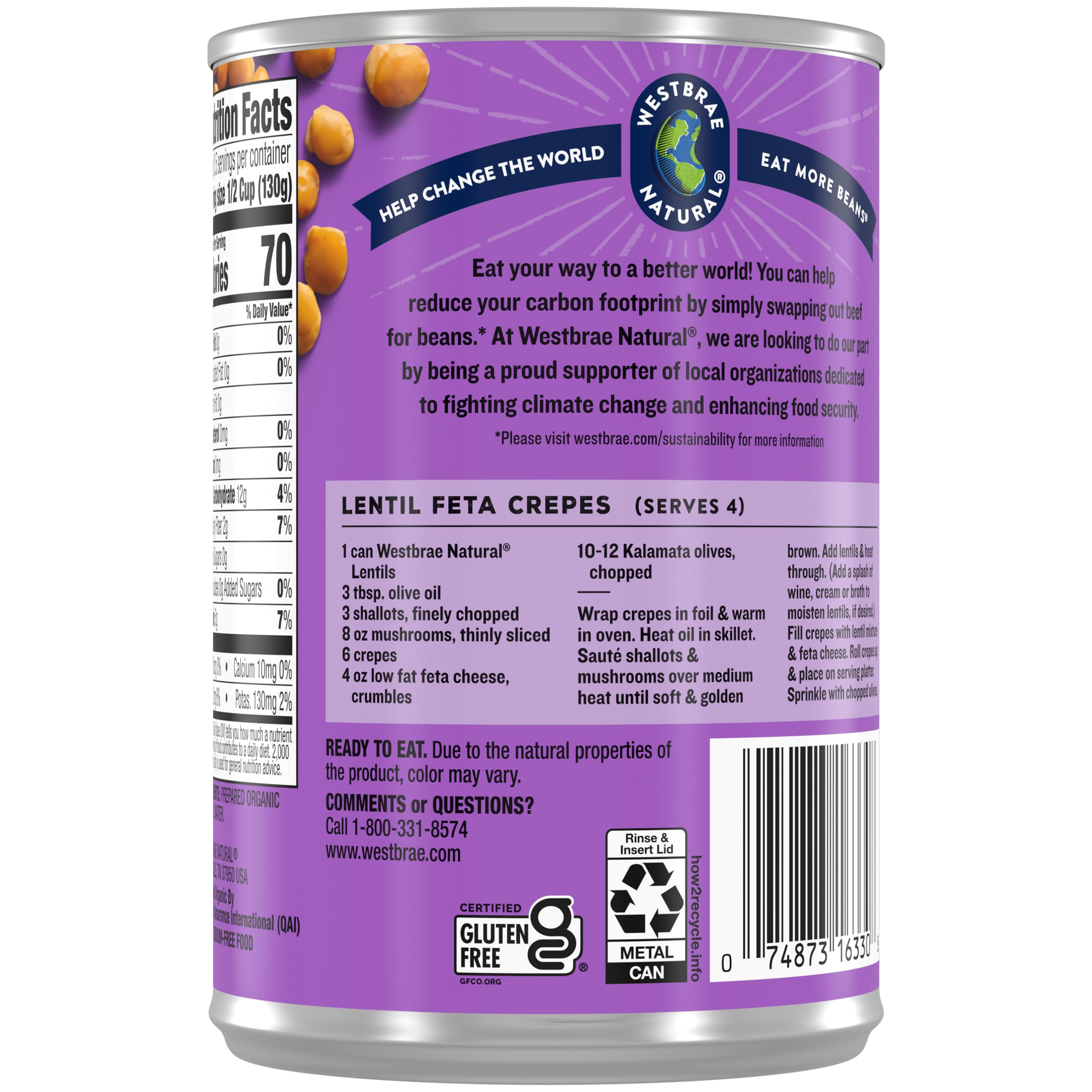 WESTBRAE 15 oz Natural Organic Lentil Beans, No Salt Added, Source of Plant Based Protein and Fiber, Low Fat, Gluten Free, (Pack of 12)
