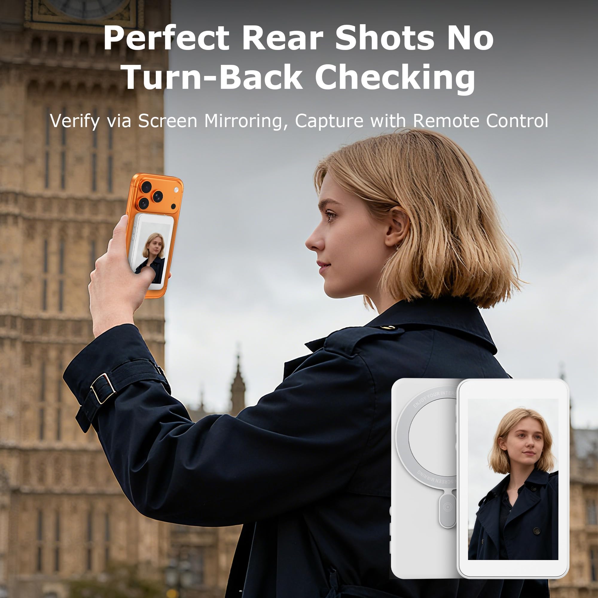 Vlog Selfie Monitor Screen for iPhone 17 Series & Android, Wireless Magnetic Built-in Speaker 4K/1080P Phone Back Camera Monitor with Remote Control for Live Stream TikTok (White)