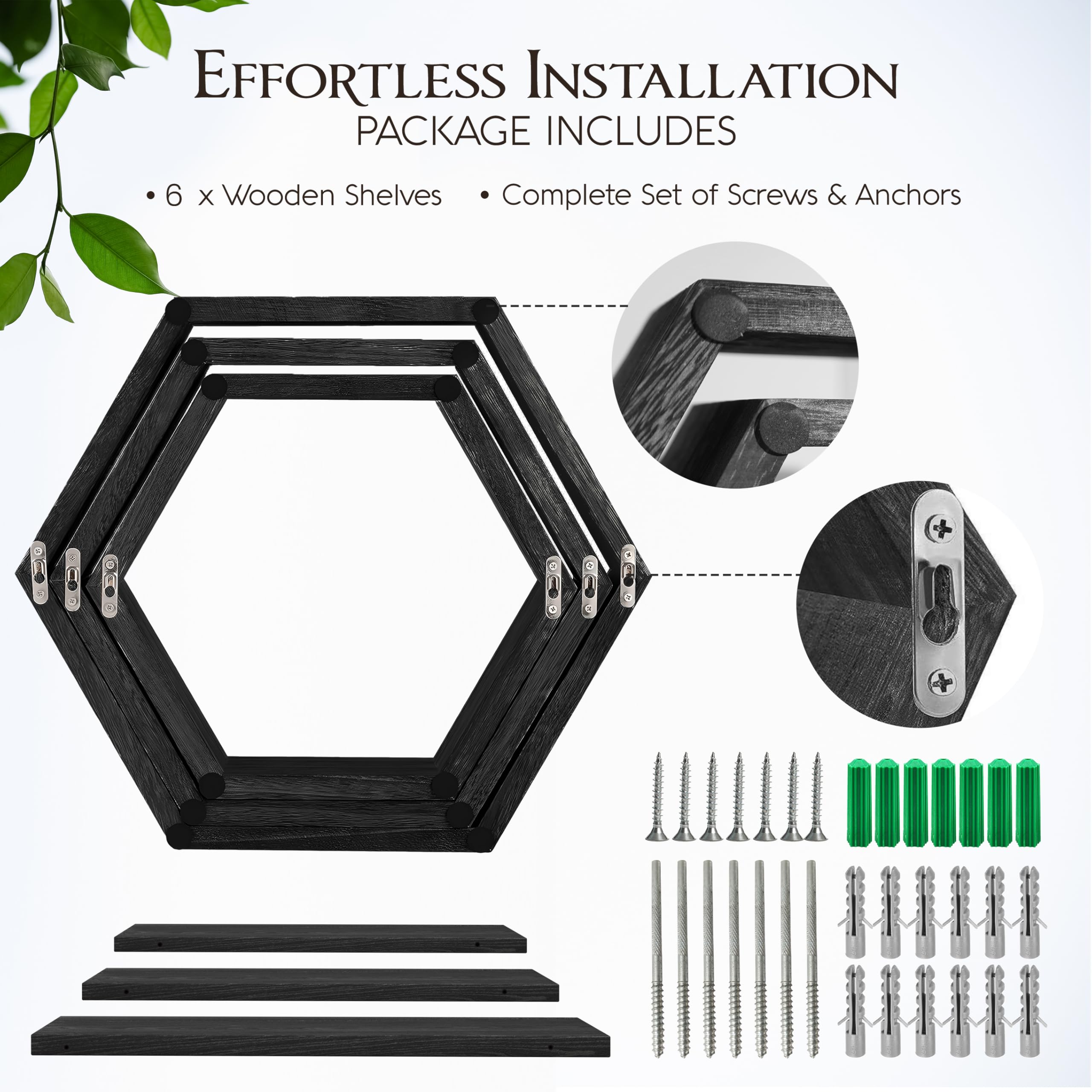 Decovate Hexagon Floating Shelves Set of 6 Honeycomb Shelves for Wall, Wooden Hexagon Shelves for Farmhouse Storage (Carbonized Black)