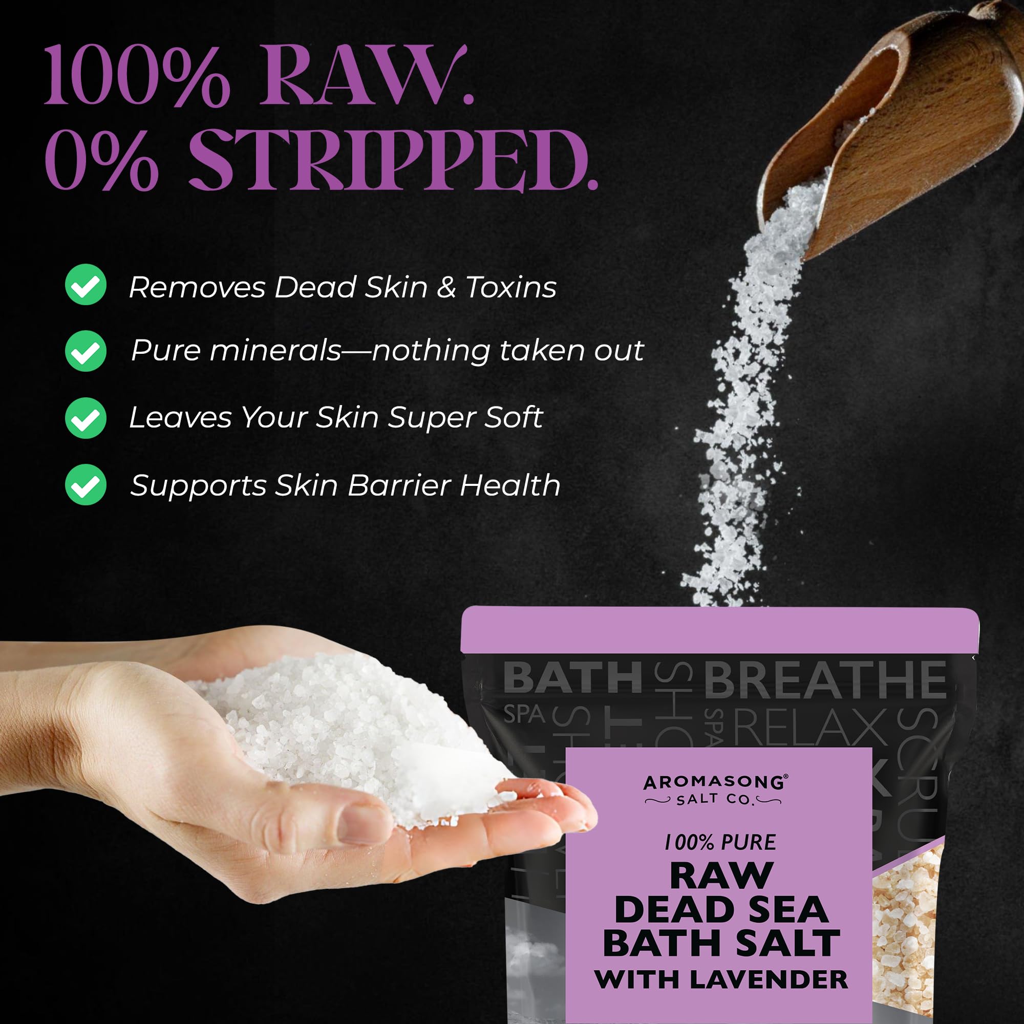 Aromasong Pure Raw Dead Sea Salt for Soaking with 100% Natural Lavender, 2.43 LB - Spa Bath Salt Fine Grain - Body Wash Scrub - Soak for Women & Men- Bulk Resealable Pack