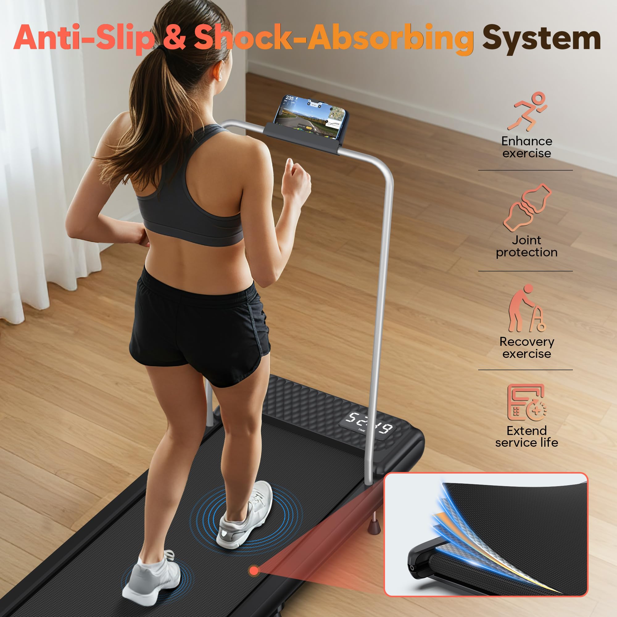WELLFIT 10% Incline Walking Pad Treadmill with Handlebar,265LB Capacity,40 dB Low Noise Standing Under Desk Walking Jogging Running Machine for Home Office Apartment,APP/Remote Control,LED Display