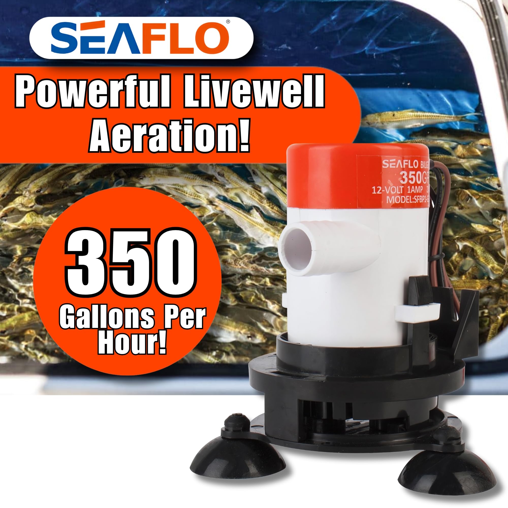 SEAFLO 10 Series Portable Livewell Aerator Kit - 12V, 350 GPH, Bait Pump, Submersible, Corrosion-Resistant, Efficient Oxygenation, Fresh/Saltwater Use, CE & ROHS Certified, 4-Year Warranty