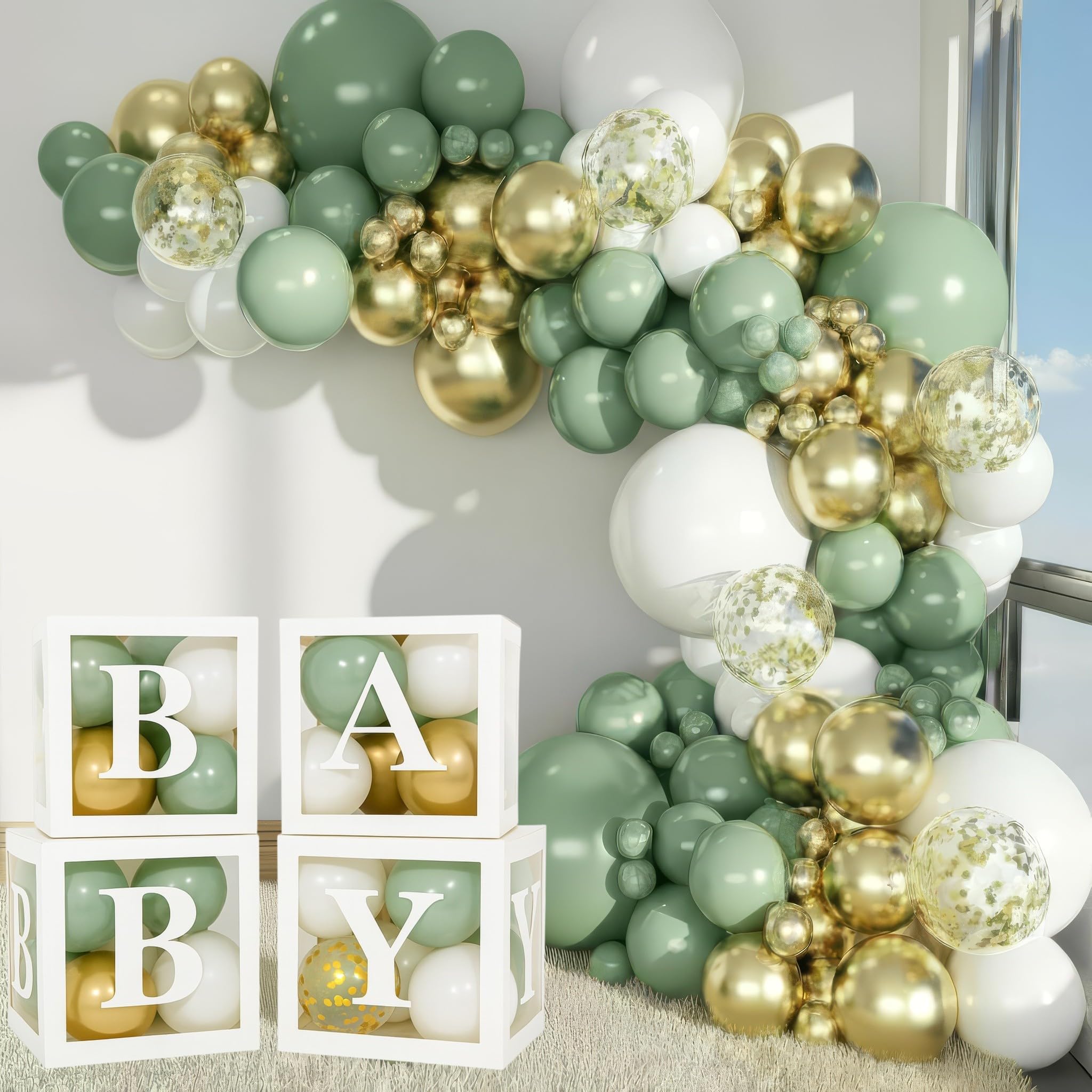 Balloon Garland Arch Kit Sage Green, White, Metallic Gold & Confetti Balloons & White Boxes with Sage-Green, Gold, Gold Confetti, and White Balloons