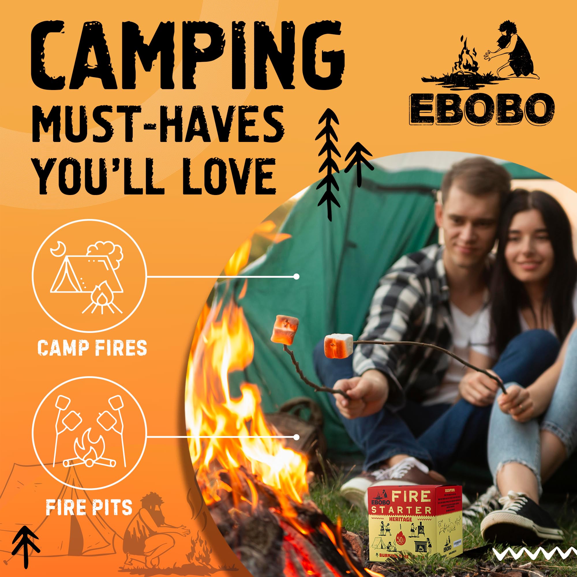 50 pcs Natural Fire Starters for Fireplace, Wood Stove, Charcoal Grill, BBQ, Fire Pit & Smoker – Wood Wool & Wax Rolls – Easy to Light, No Prep, No Mess