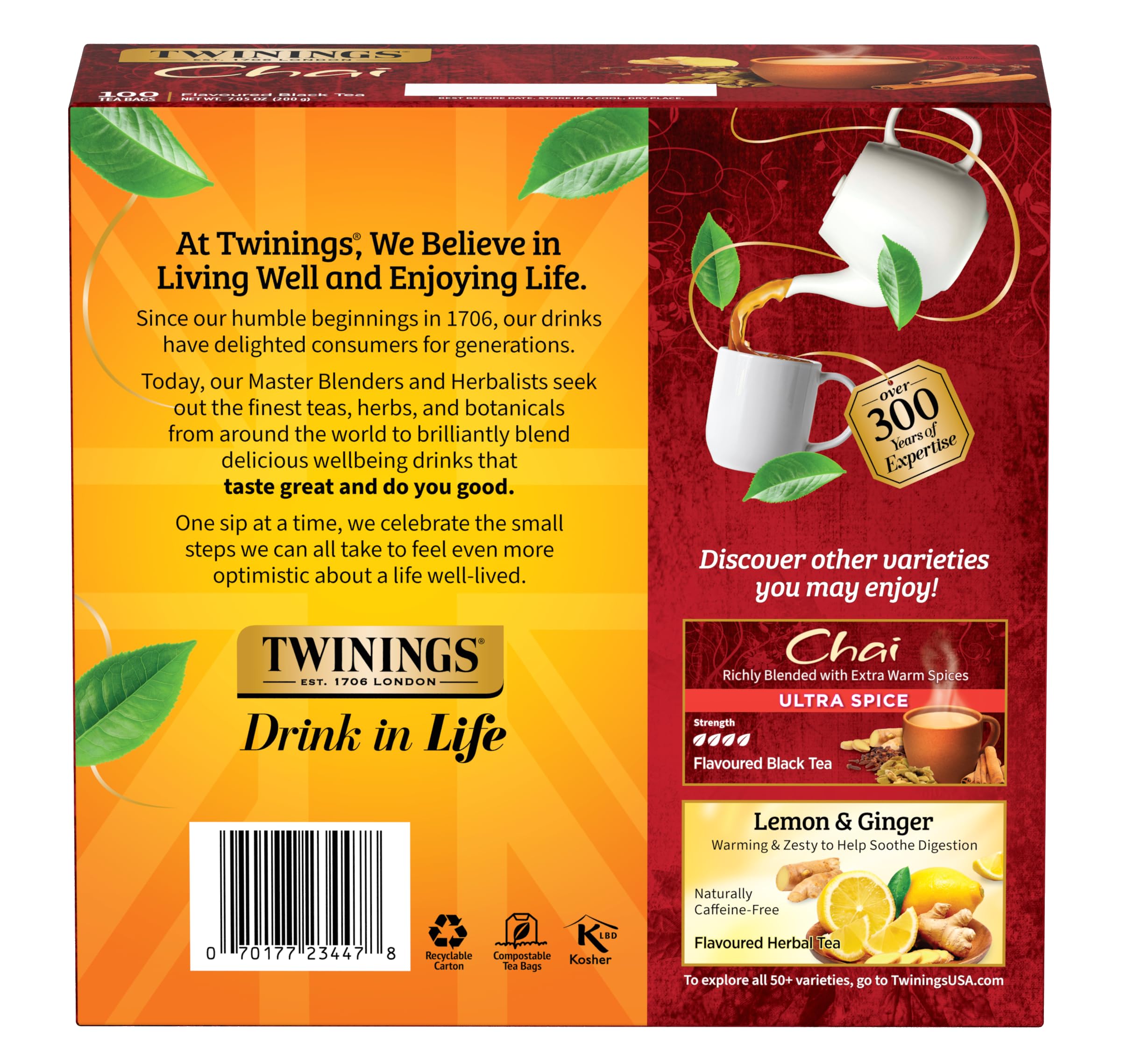 Twinings Chai Black Tea Individually Wrapped Bags, 100 Count (Pack of 1), Richly Blended with Warm Spices, Caffeinated, Enjoy Hot or Iced