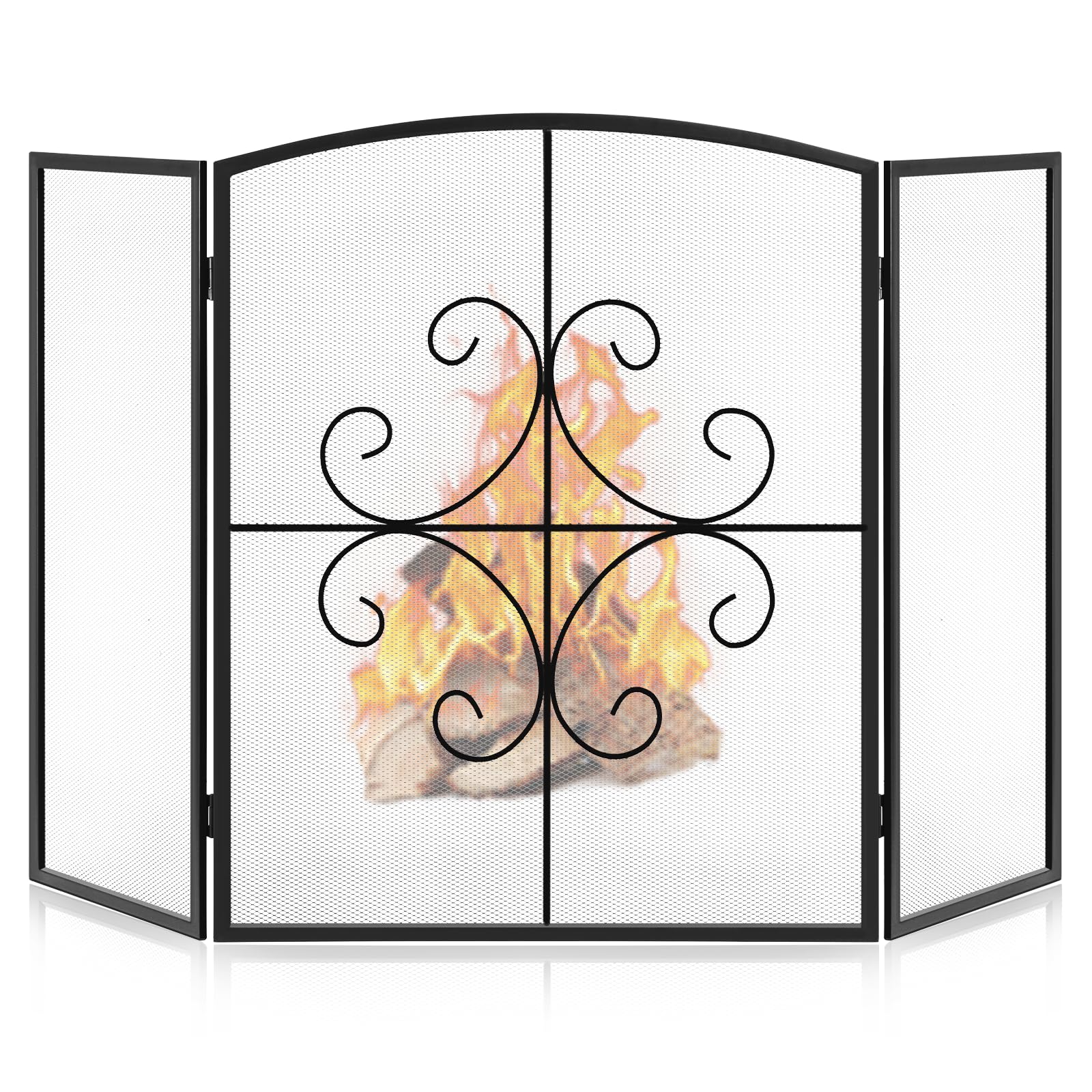 Gtongoko 3 Panel Fireplace Screen 48" W x 29" H Wrought Iron Decorative Fire Spark Guard Grate for Living Room Home Decor - Black