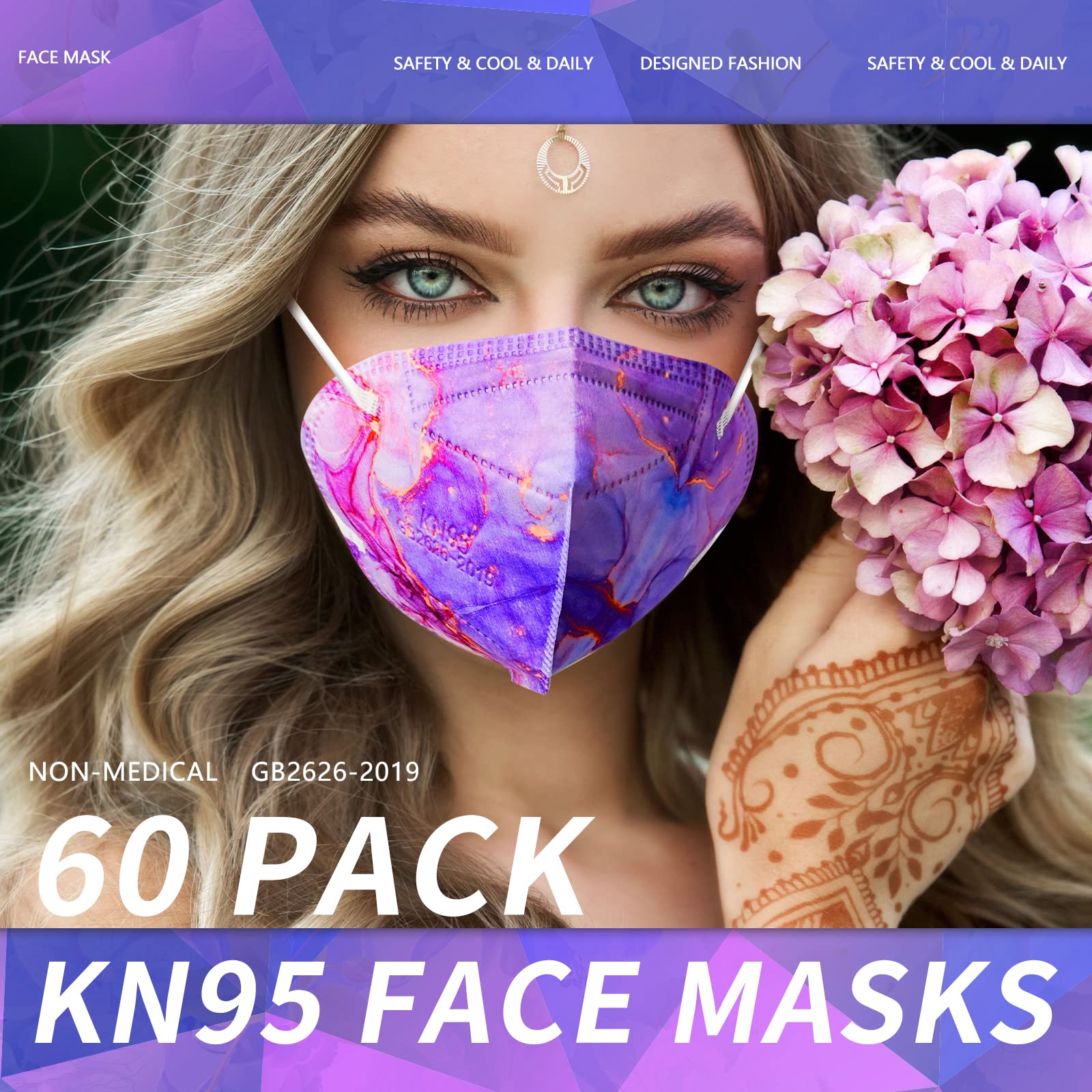 AHOTOP KN95 Face Masks, 60 Pack Individually Wrapped KN95 Masks, 5 layer Colorful Floral Face Mask with Design for Adults Women Men