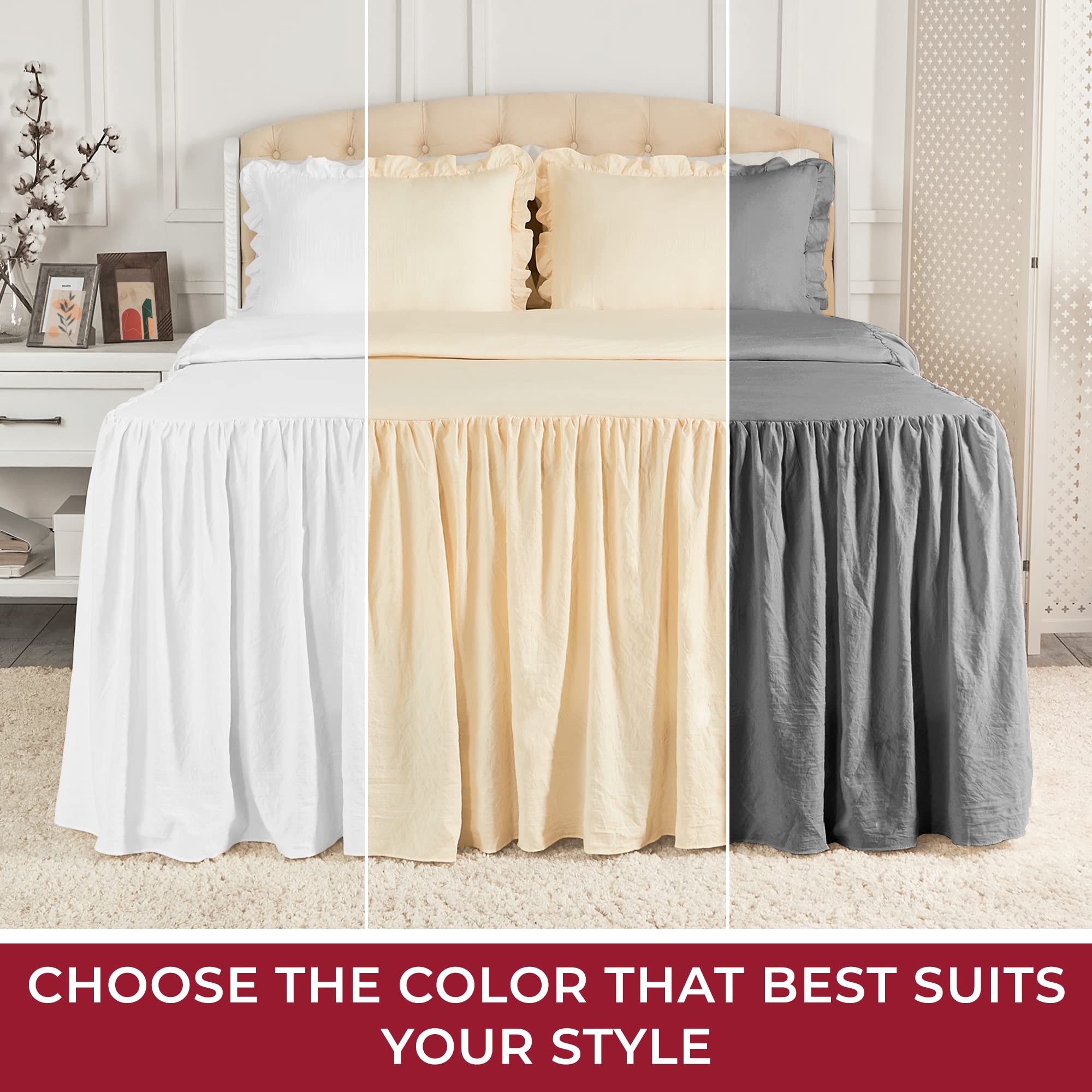 Mellanni Single-Tier Bedspread King Size Set - 3-Pieces: Ruffle Bedspread & 2 Shams - 30" Drop Ruffle Bedskirt for Total Coverage - Ultra-Soft Bedding (King, Gray)