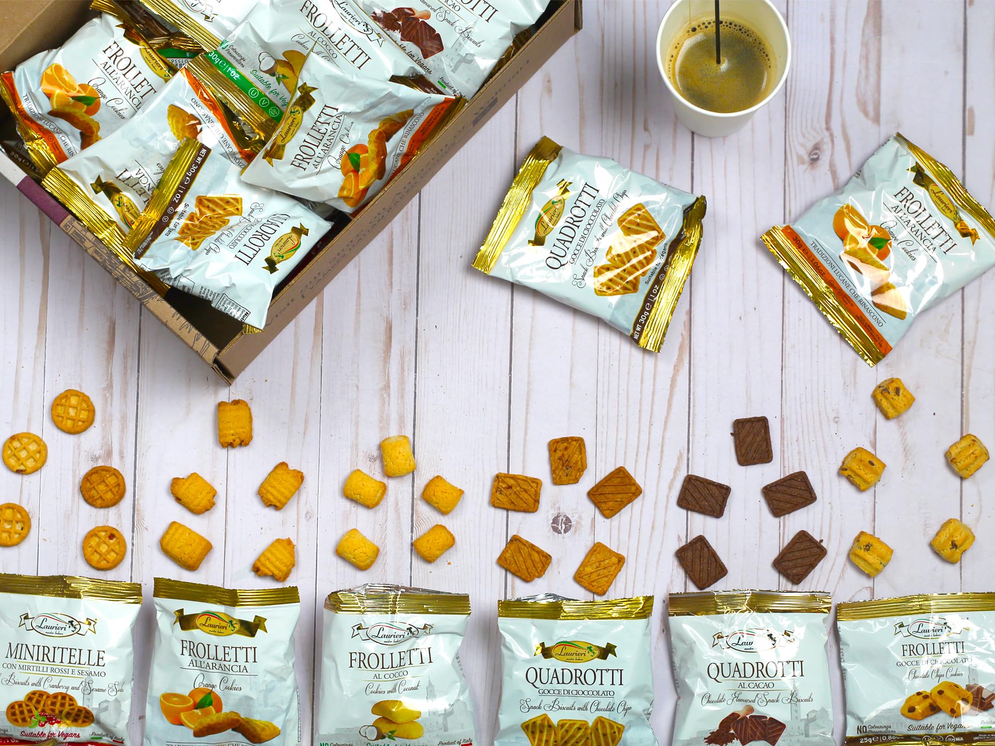 Cookies Variety Pack - Shortbread Cookie Gift Box - Assortment of 30 Packs - Gourmet Italian Cookies Individually Wrapped - Tea Cookies - Chocolate, Chocolate Chips, Coconut, Cranberry & Sesame, Ginger & Cinnamon - Kosher, Vegan