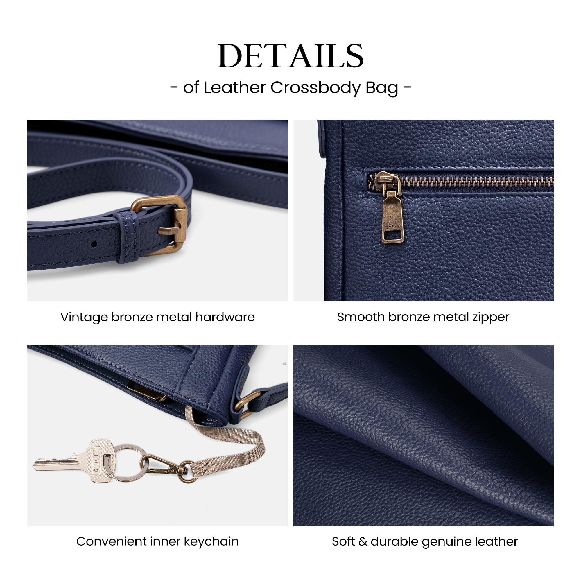 befen Genuine Leather Small Crossbody Bags for Women, Ladies Leather Purses Shoulder Bag Handbags with RFID Card Slots for Daily & Travel Navy Blue