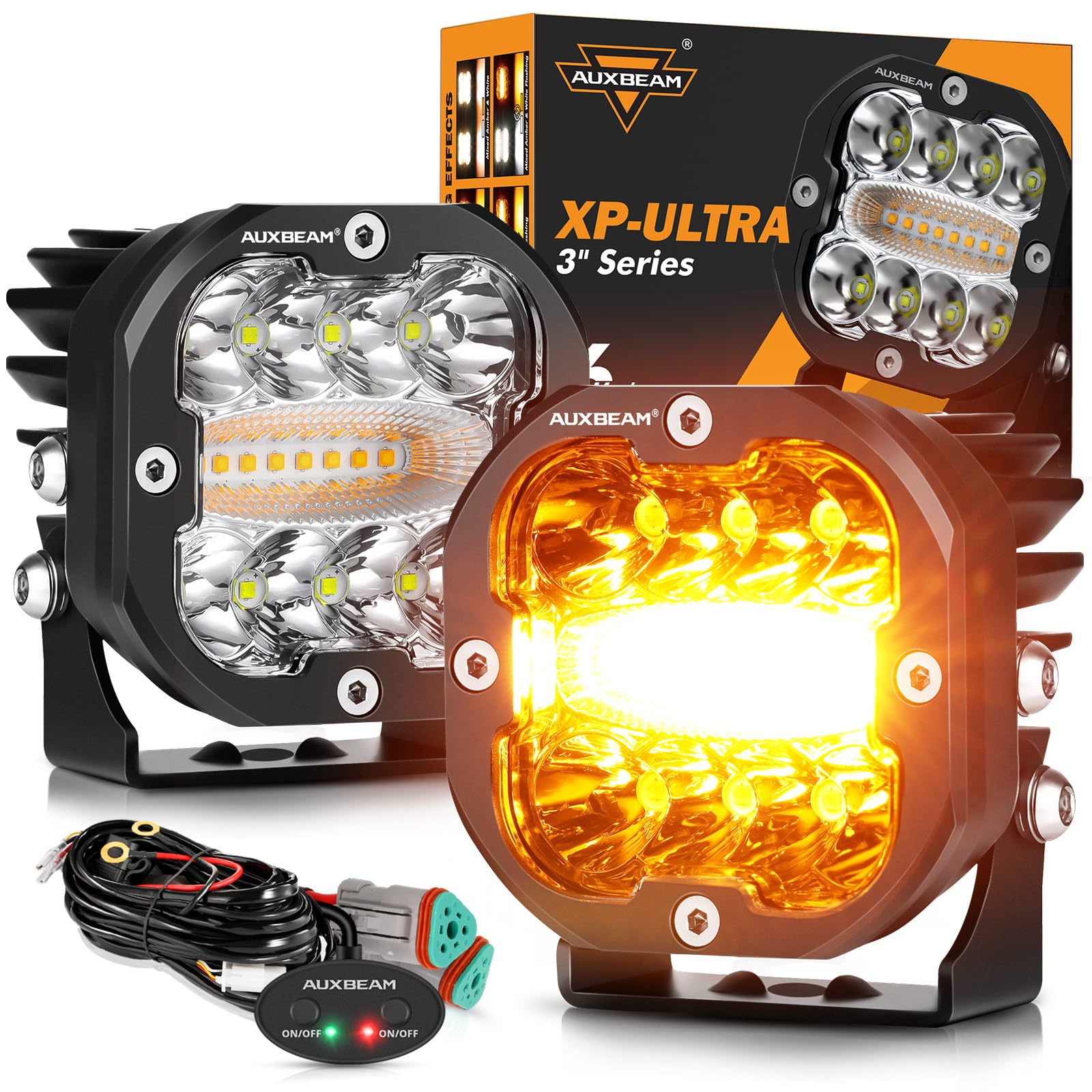 Auxbeam 3 Inch 96W Amber White LED Light Pods XP-Ultra Series 6 Modes Dual Color Fog Light Cube Spot Flood Combo Strobe Lights Driving Offroad Ditch Lights for Truck Jeep, Pair