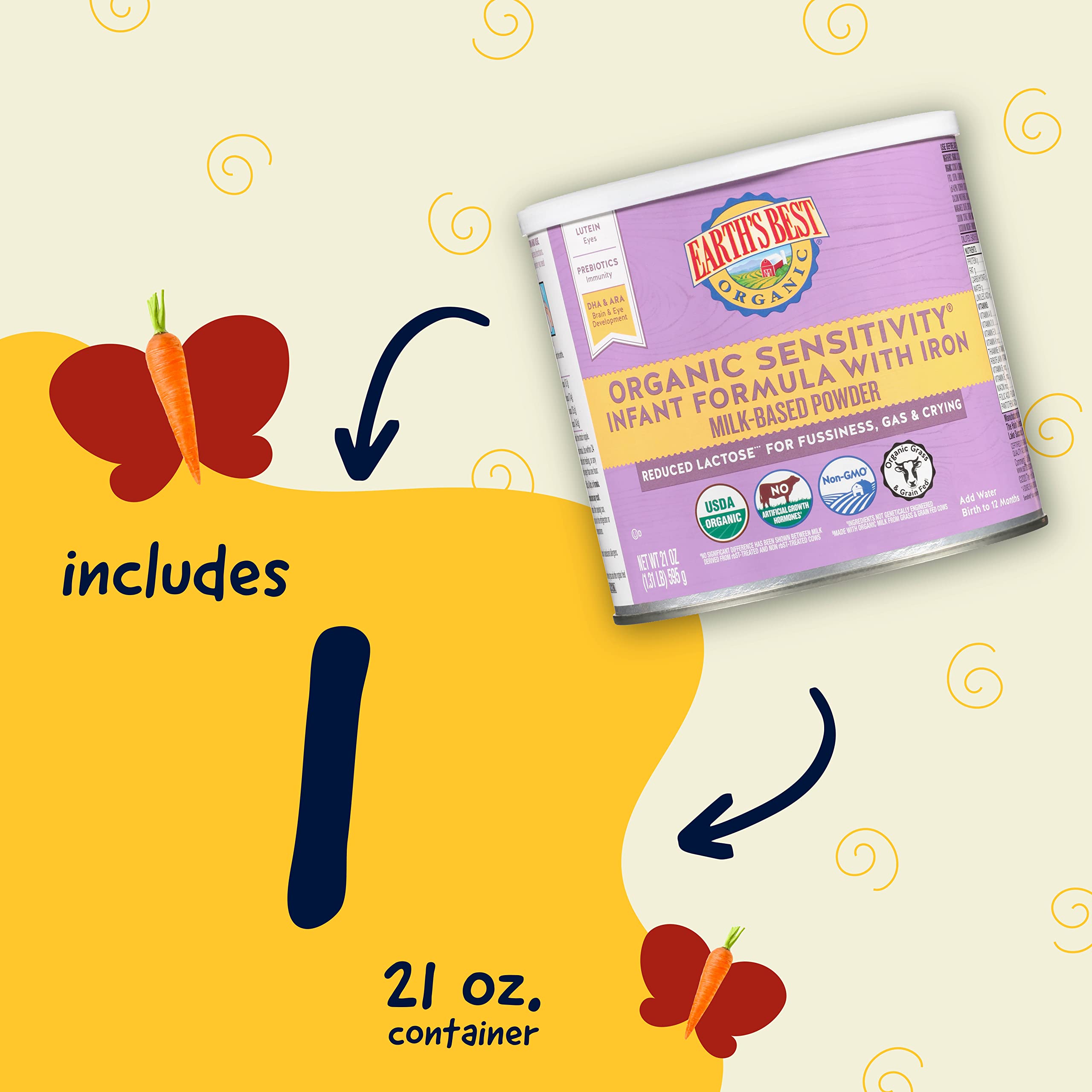 Earth's Best Organic Sensitive Baby Formula for Babies 0-12 Months, Reduced Lactose Powdered Infant Formula with Iron, Omega-3 DHA, and Omega-6 ARA, 21 oz Formula Container