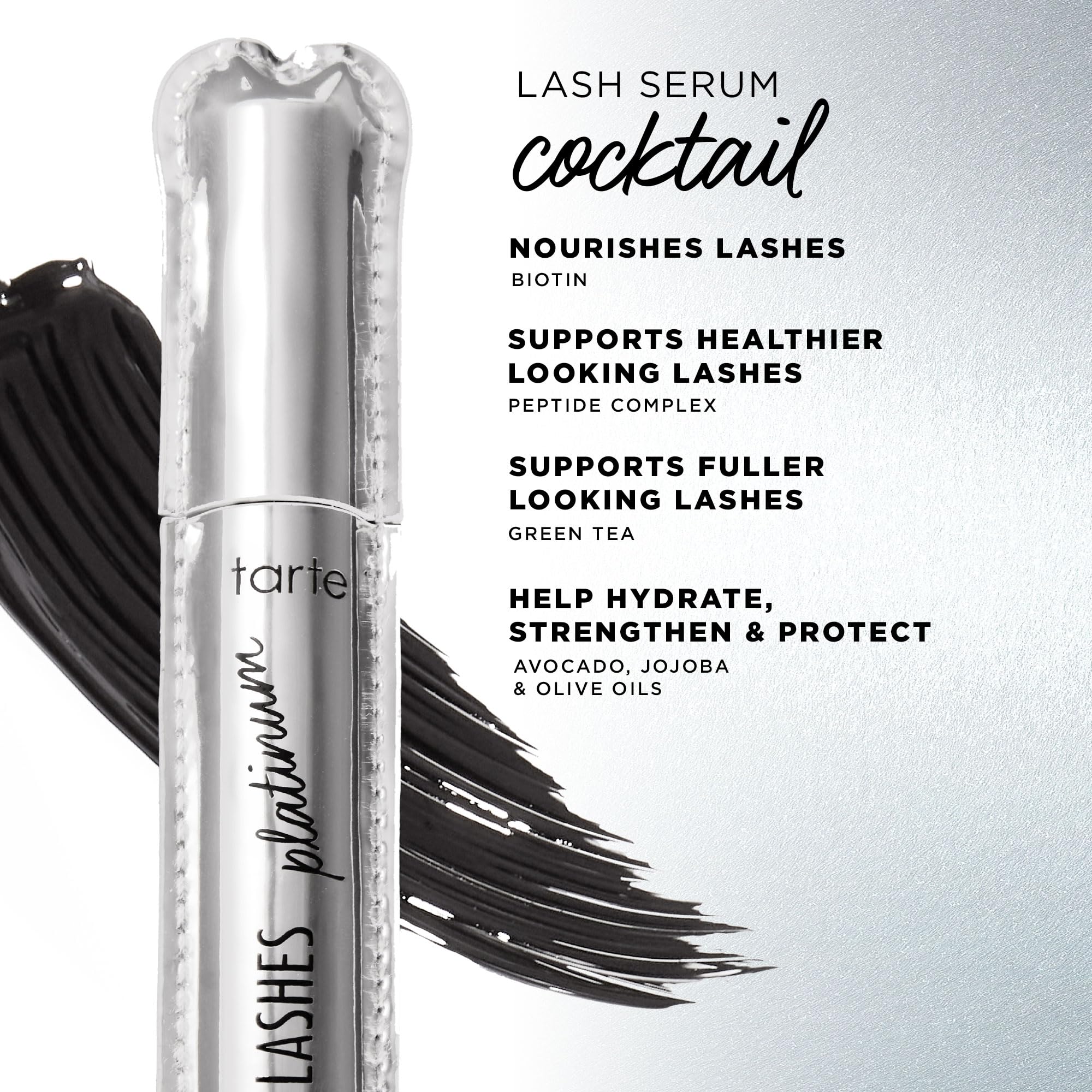 tarte lights, camera, lashes platinum volumizing mascara – Black Tinted Peptide Lash Serum mascara for Volume & Length, Smudge-Proof, Flake-Free, Vegan & Cruelty-Free, full size, black