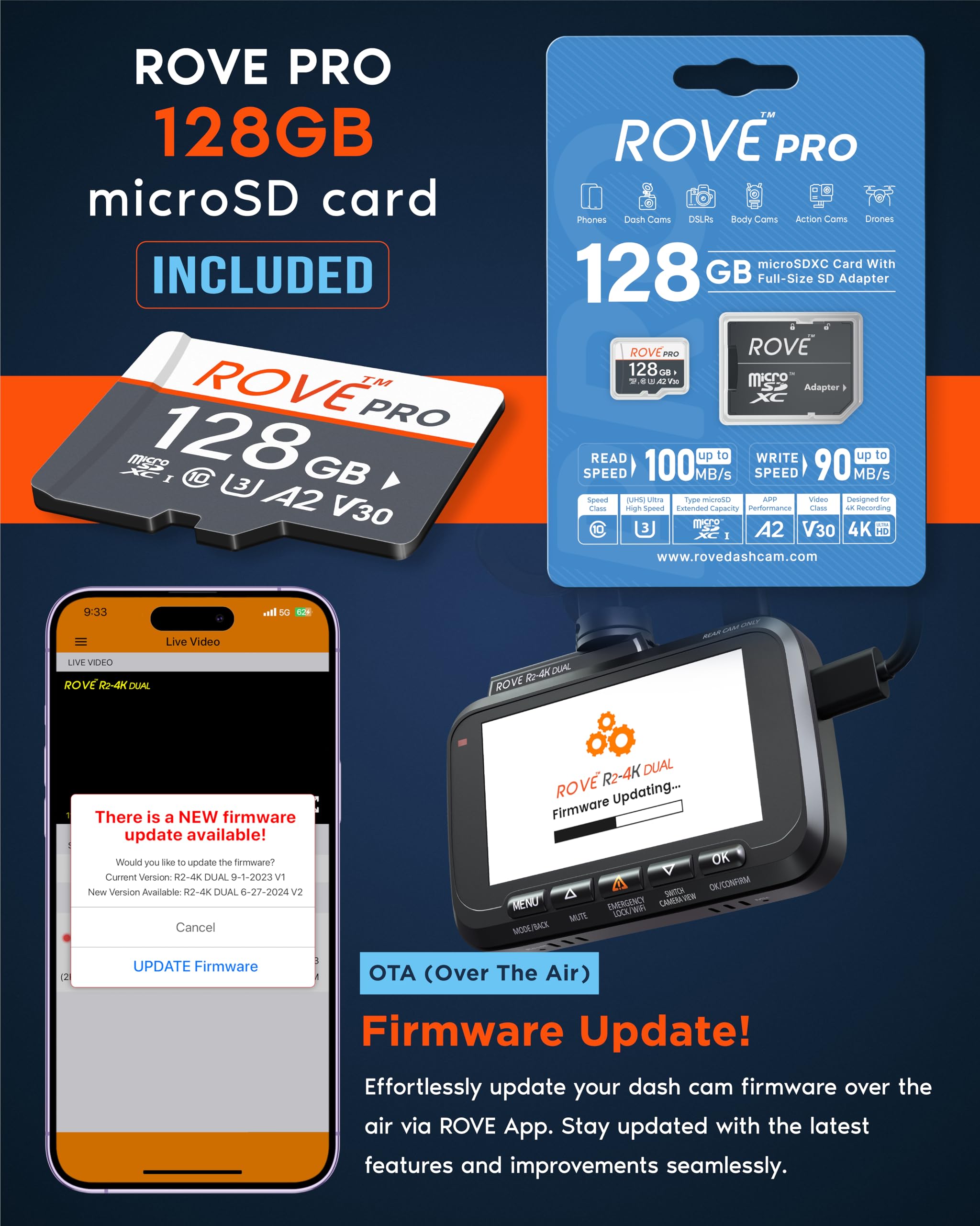 ROVE R2-4K DUAL Dash Cam Front and Rear, STARVIS 2 Sensor, FREE 128GB Card Included, 5G WiFi - up to 20MB/s Fastest Download Speed with App, 4K 2160P/FHD Dash Camera for Cars, 3" IPS, 24H Parking Mode