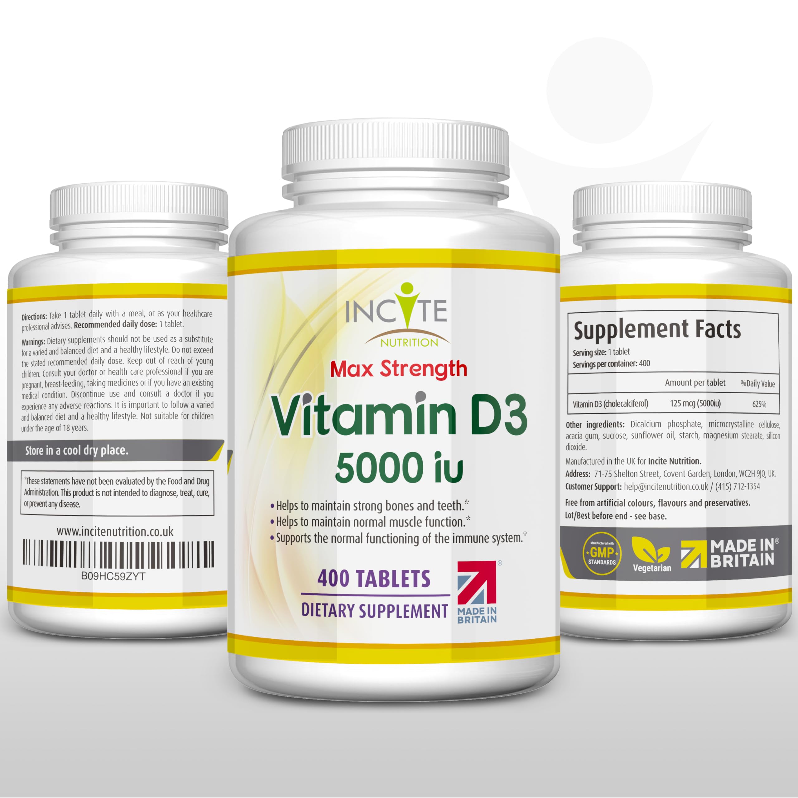 Incite Nutrition Vitamin D 5000 iu - 400 Premium Vitamin D3 Easy-Swallow Micro Tablets - One a Day High Strength Cholecalciferol VIT D3 5000iu - Vegetarian Supplement - Made in The UK