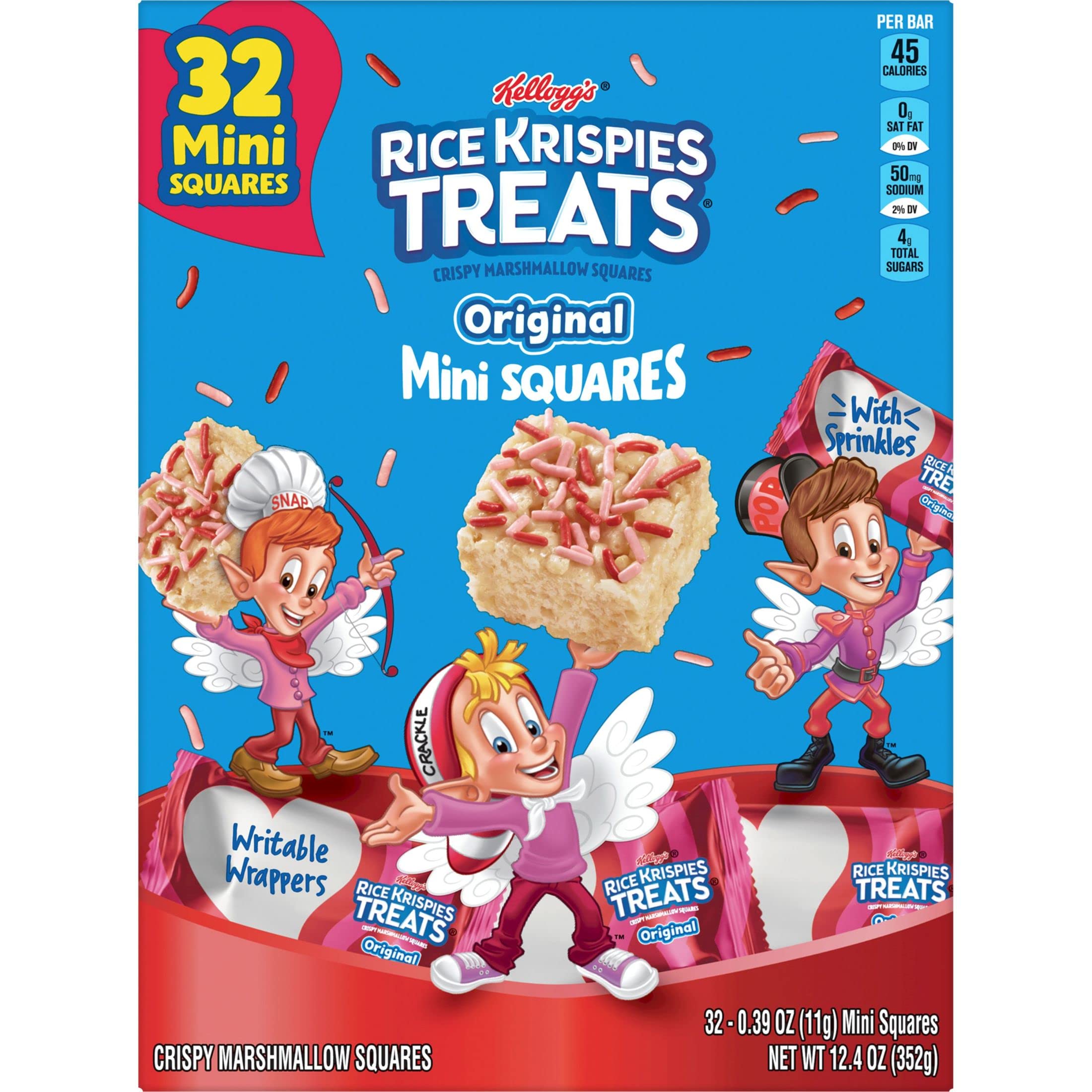 Rice Krispies Treats Mini Marshmallow Snack Bars, Valentine's Day Treats, Kids Snacks, Original with Holiday Sprinkles, 12.4oz Box (32 Bars)