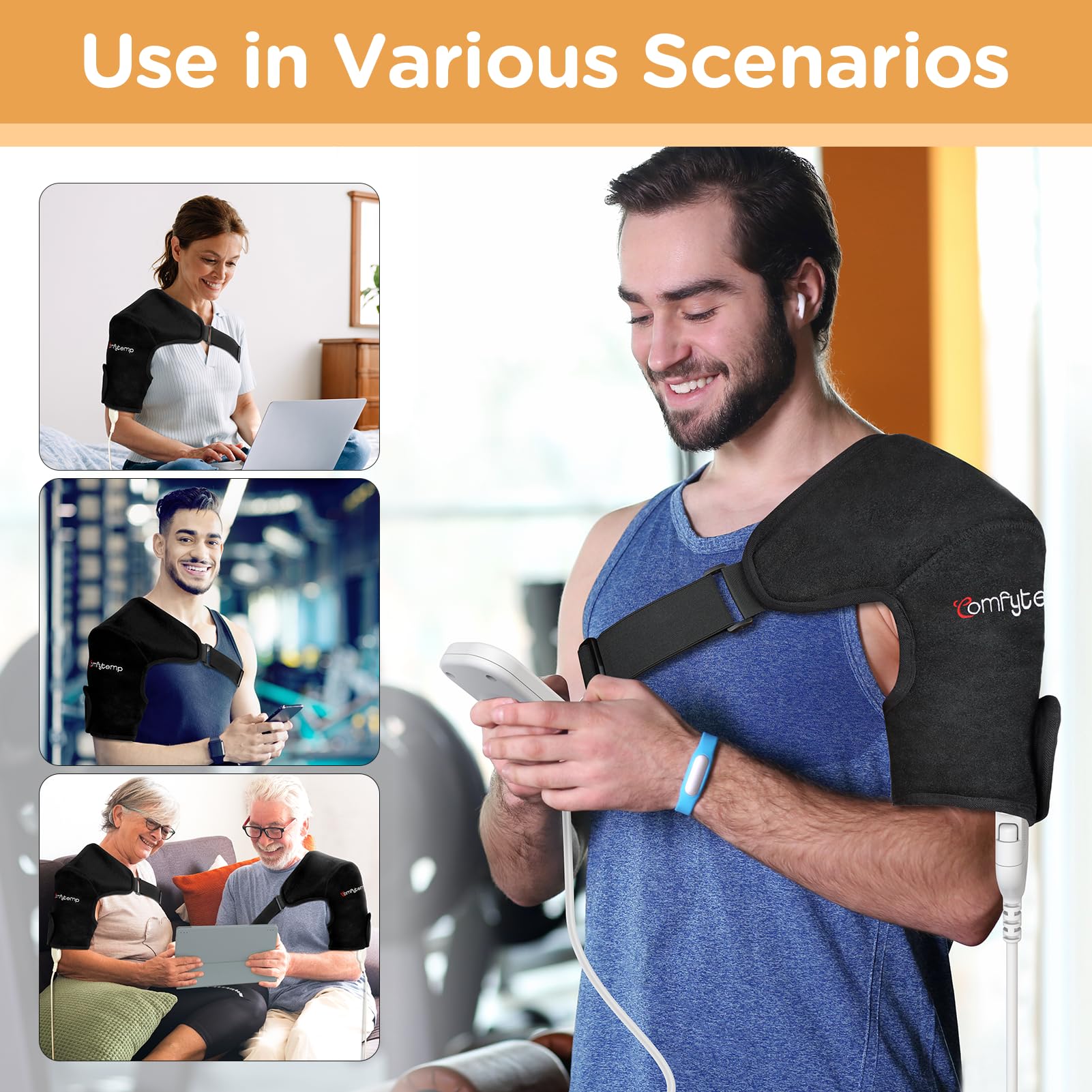 Comfytemp Shoulder Heating Pads for Rotator Cuff Pain Relief - FSA HSA Eligible Heated Shoulder Wrap Brace with 3 Heat Settings, 2H Auto-Off, Heating Pad for Mom, Dad (Black, Support S/M/L Size)