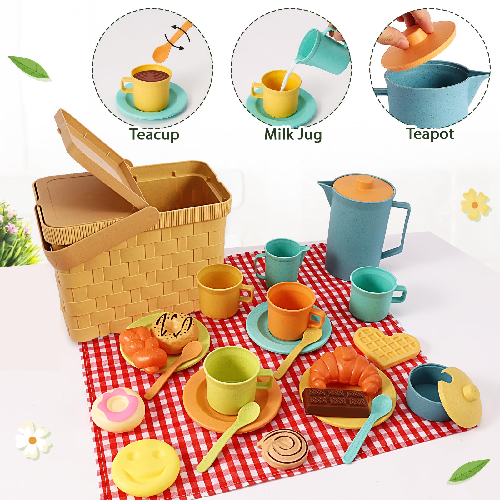 HERSITY Picnic Basket Toys for Toddlers, Kids Play Tea Sets with Teapot Tea Cup Dessert Food and Mat, Pretend Play Kitchen Accessories Tea Party Set Little Girl Boy Age 3 4 5
