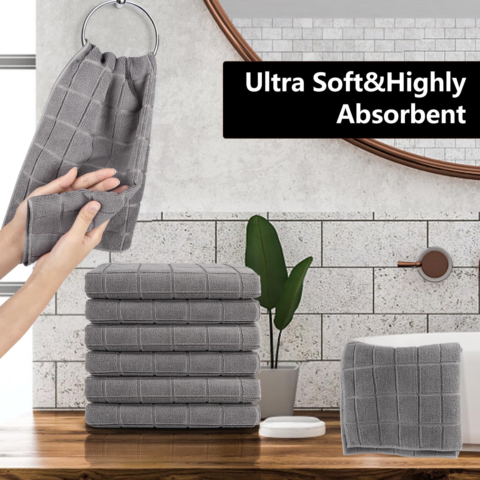 HOMEXCEL Kitchen Towels 6 Pack,Soft and Super Absorbent Hand Towels,Lint Free Lattice Designed Washcloths Bath Towel for Travel Gym Hotel,15 x 25 inch