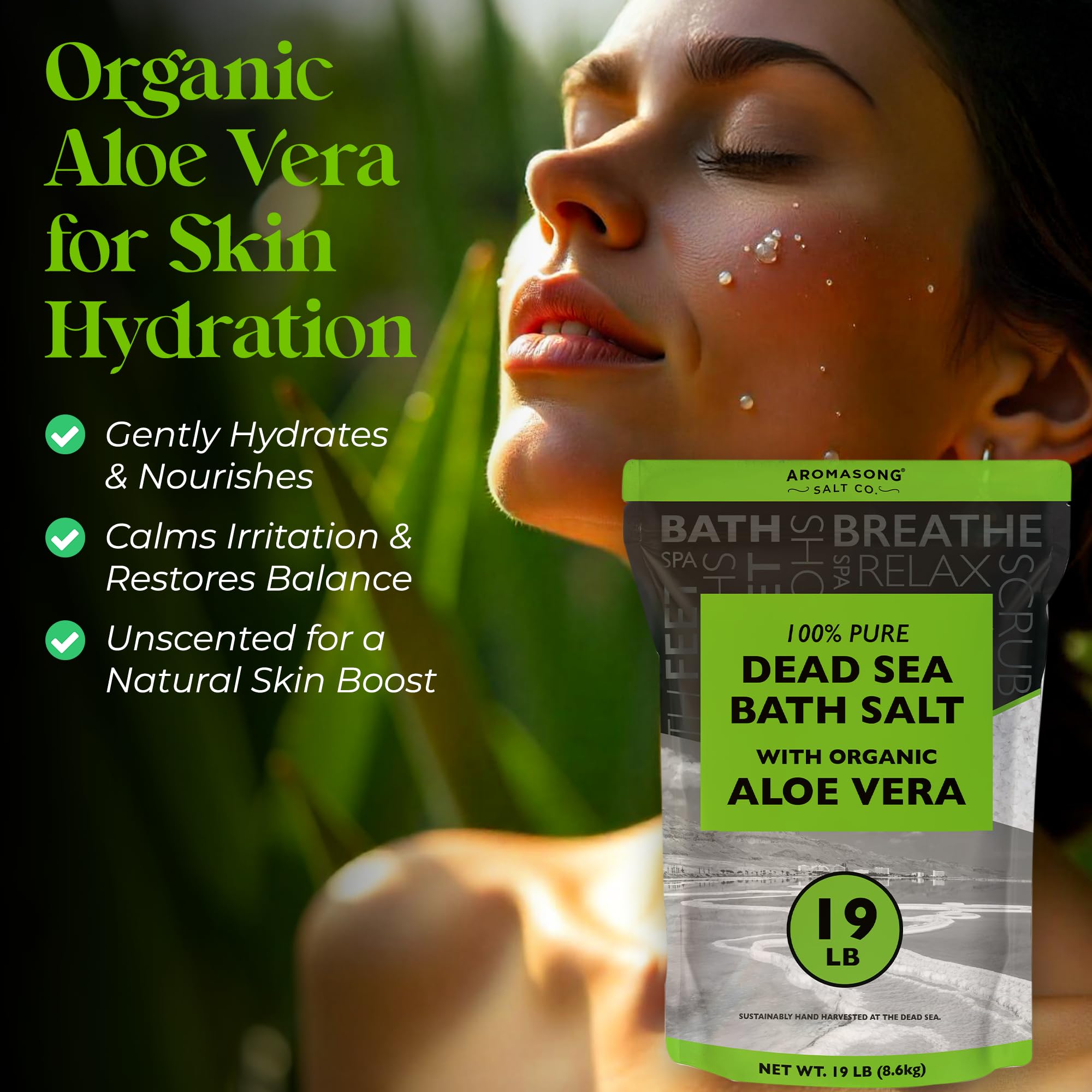 Aromasong Dead Sea Salt with Organic Aloe Vera, Spa Bath Salts, 19 Lbs Fine Bulk resealable Pack, 100% Pure & Natural, Soak for Women & Men for Tired Muscles & Skin Issues (Packaging May Vary)