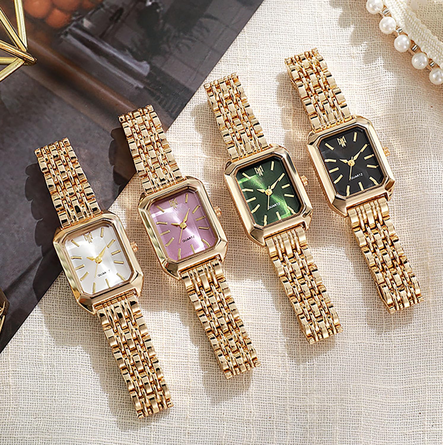 BESTKANG Watches for Women Wrist Watches Steel Strap Womens Watch Casual Fashion Simple Square Quartz Wristwatch (Gold-White)