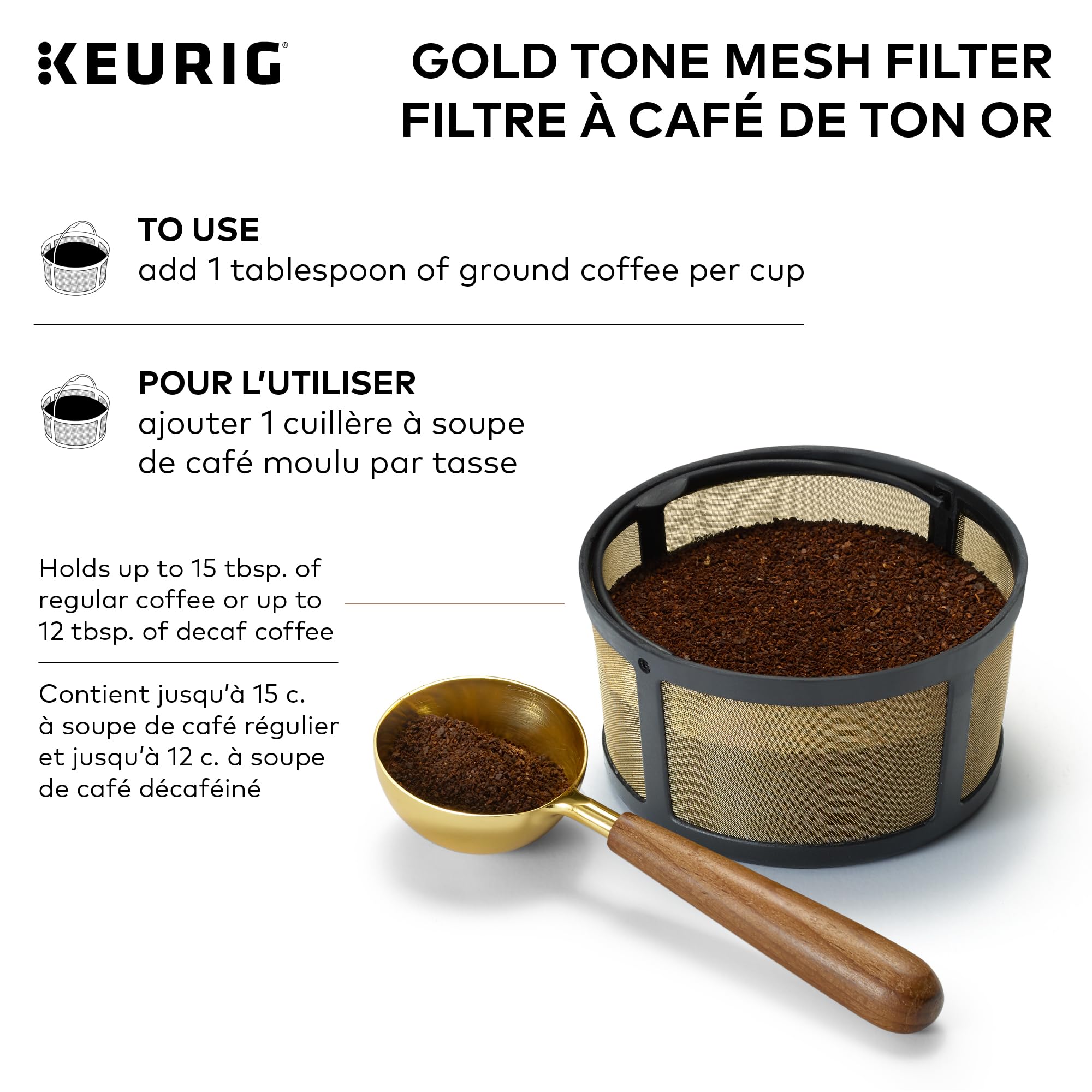 Keurig Reusable Mesh Ground Coffee Filter, Compatible with K-Duo Essentials and K-Duo Brewers only, Eco-Friendly Way to Brew a Carafe, Gold Tone Mesh