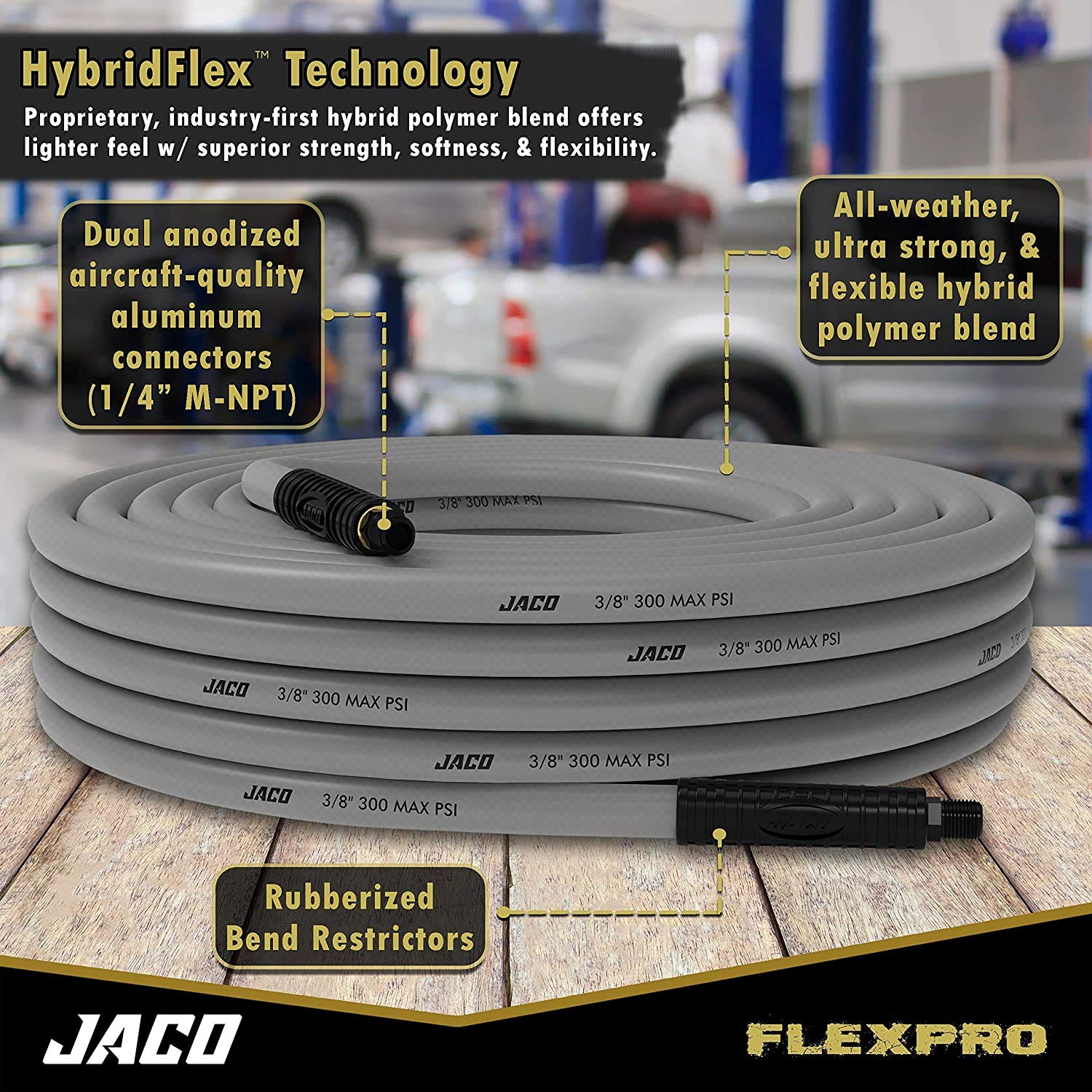 JACO FlexPro Hybrid Air Hose (3/8" x 50 ft) | Dual 1/4" M-NPT Fittings (Storm Gray)